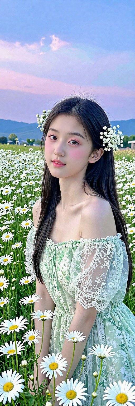 <lora:20260302_TinZITSharpnessSliderLora_v1_000000120:2>, This is a high-resolution photograph capturing a young Asian woman in a serene, sunlit field of blooming daisies. The woman, likely in her early twenties, has long, straight black hair adorned with delicate, white baby's breath flowers. Her skin is smooth and fair, with a natural, radiant complexion. She is dressed in a light, off-shoulder, green dress with sheer, lace-like sleeves and a subtle floral pattern, which complements the surrounding flowers. Her makeup is minimal but accentuates her eyes with a soft, pink blush and subtle eyeliner, giving her a fresh, natural look. The background features a vast expanse of daisies in various stages of bloom, with some flowers fully open and others still in bud, creating a lush, vibrant field. The sky is a beautiful gradient of soft pinks and purples, transitioning into a deeper blue as it reaches the horizon, suggesting either dawn or dusk. In the distance, rolling hills or mountains are faintly visible, adding depth to the scene. The overall mood is peaceful and ethereal, with the woman appearing almost like a serene spirit among the flowers.