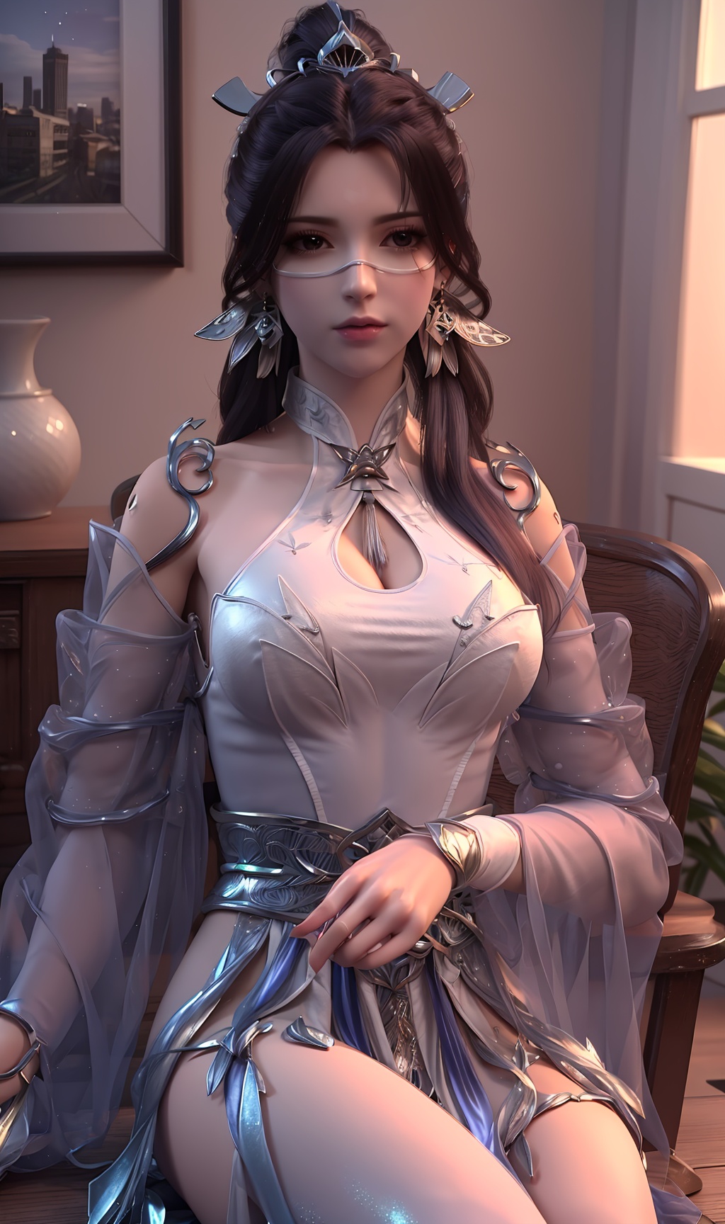 3D,masterpiece,(best quality),(makeup),official art, extremely detailed cg 8k wallpaper,((crystalstexture skin)), (extremely delicate and beautiful),(highly detailed),(collar),(facial_mark),(veil),((sitting)),(thighs),(1girl), (solo), (jewelry), (earrings),(black_hair),(long_hair),(hair_ornament),(handwear),(breasts),(long_sleeves)((upper_body)),(closed_mouth),(dress),(chinese_clothes),(multicolored_clothes),(multicolored_dress),(shiny_clothes),(city,indoor),(shiny_clothes),,((looking_at_viewer)),((Facing the camera)),, <lora:hipoly3DModelLora_v10:0.3>