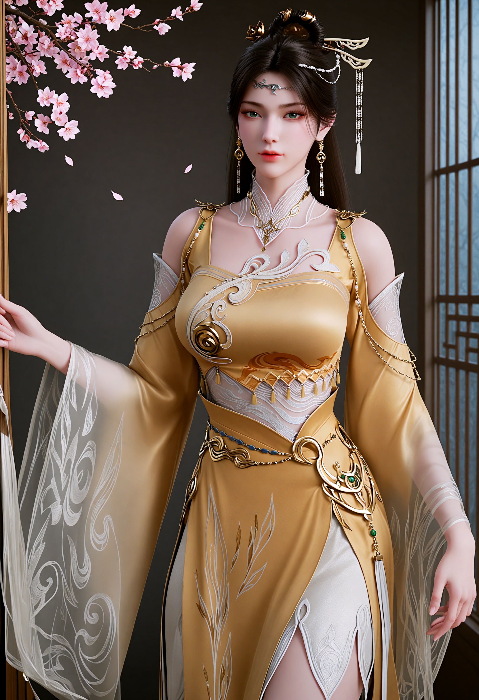 (gigantic breasts:0.6),(slender:1.3),(looking_at_viewer:1.1),(masterpiece:1.1),(best quality:1.2),(intricate details),upper_body,dim lighting,(smog:1.3),(Dark room:1.3),(dim lighting:1.3),peach blossom,falling petals,<lora:YQ_li光辉v5_金瓶儿_V1:0.8>,1girl,solo,q1528437228,long_hair,jewelry,earrings,hair_ornament,dress,black_hair,realistic,chinese_clothes,yellow_dress,green_eyes,brown_hair,hair_bun,necklace,single_hair_bun,bare_legs,feet,hair_rings,masterpiece,(best quality),(intricate details:0.9) BREAK masterpiece,(best quality),(intricate details:0.9),(realistic skin:1.2),