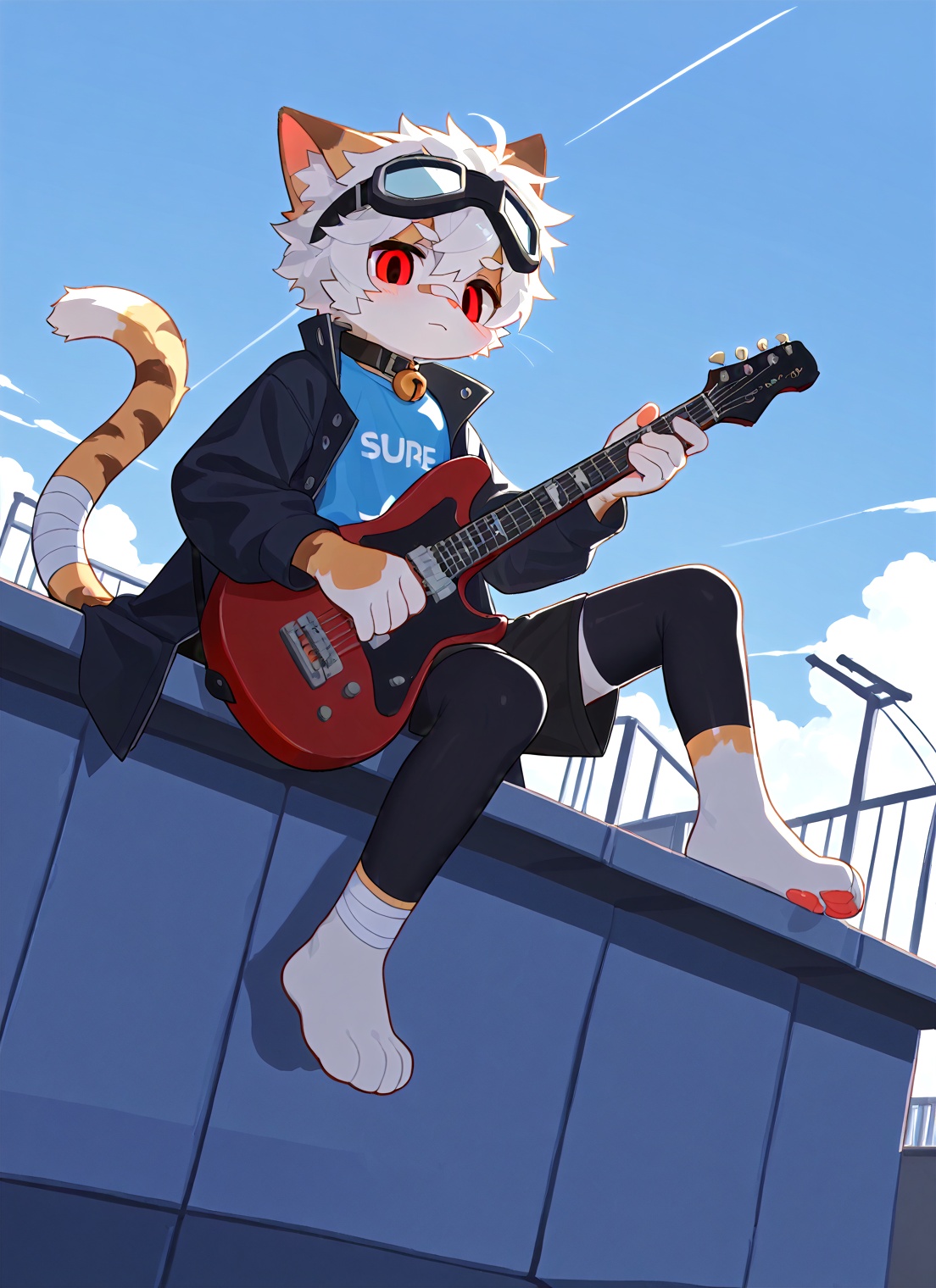 core_9, score_8_up, score_7_up,[16s],by niji6, [young furry boy,young_furry], cute furry character, holding a guitar, thick paint style, soft glow and ambient lighting, detailed background, soft shading, creative sketch papers around, light and atmospheric, expressive eyes, Japanese illustration style, cat boy,1boy,solo,male_focus,(white_hair:0.8),red eyes,[bell on collar,Collar,Cortical collar,Large collar],(blue t-shirt,black_leggings under shorts,black bike_shorts),(barefoot) BREAK dutch angle,vanishing point,sitting on rooftop,(blue sky,cloud,wind),(masterpiece, best quality:1.1),foot focus,goggles on head,bandage on nose,bandage on leg,Tail decoration,cat tail,Open coat,bare,body fur,anthro,