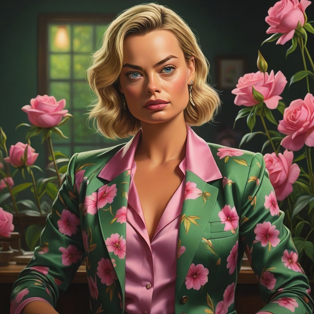 (by Mark Keathley:1.3) , mundane Vector Art, On pale black paper, Margot Robbie wearing A green and pink floral blazer with a pink silk **** top while Picking at nails, highly detailed, Hurricane, Sharp and in focus, Wonder, short lighting, defiant, challenging stare, arms crossed 