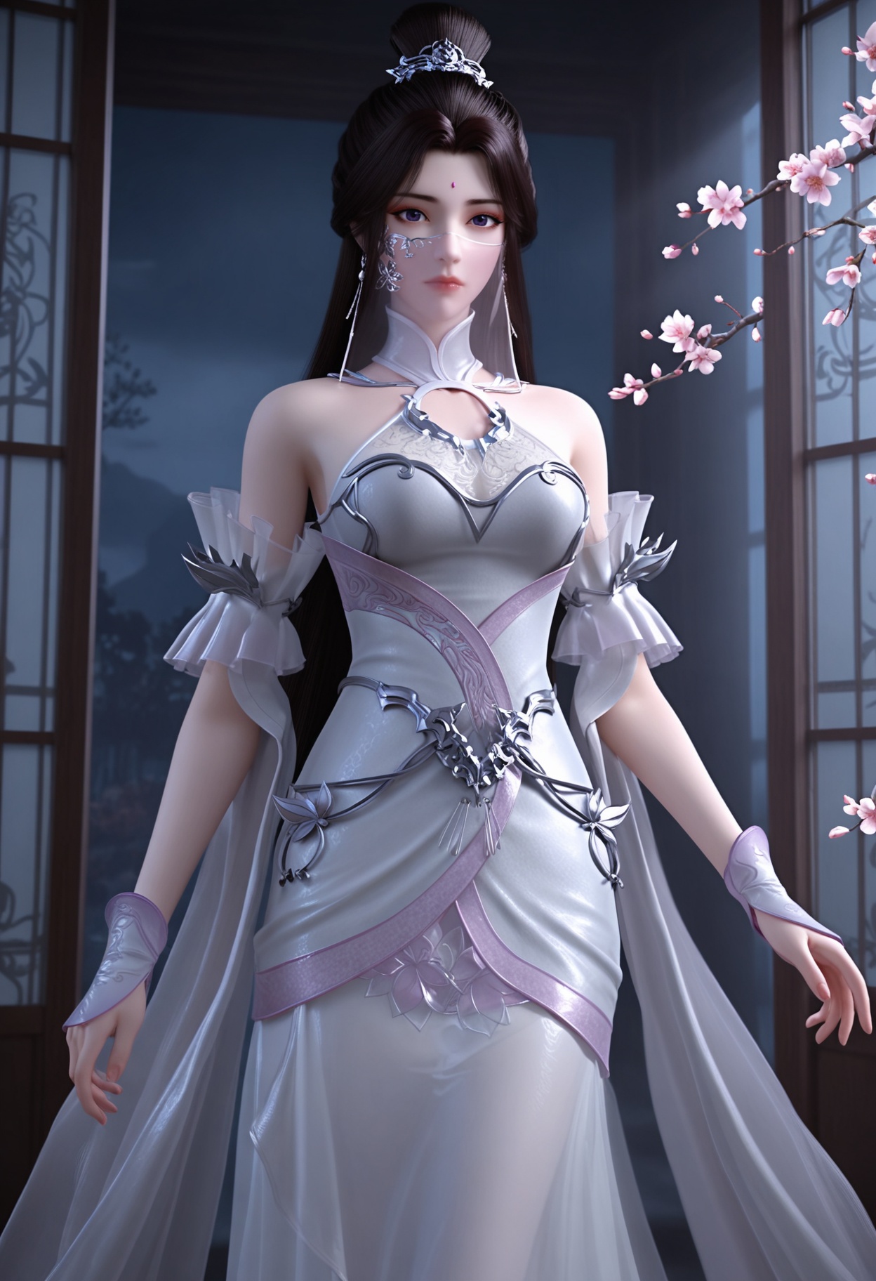 (cowboy shot:1.2),(looking at viewer:1.1),masterpiece,(best quality),smog,Dark room,dim lighting,peach blossom,falling petals,<lora:YQ_Illustrious光辉v5_月婵2.0_V2:0.8>,q1528437228,1girl,solo,long hair,white dress,jewelry,earrings,forehead mark,black hair,brown hair,hair ornament,hair bun,mouth veil,detached sleeves,single hair bun,purple eyes,breasts,expressionless,shoes,see-through,