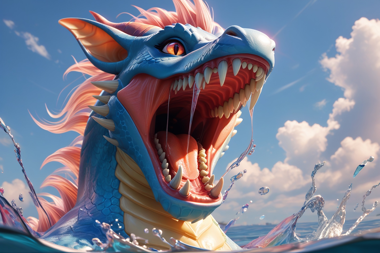 score_9, score_8_up, score_7_up, BREAK, water Elemental, water elemental dragon, swirling water body, transparent, ethereal, majestic, detailed digital art, expressive eyes, roaring, cloudy sky background, magical elements