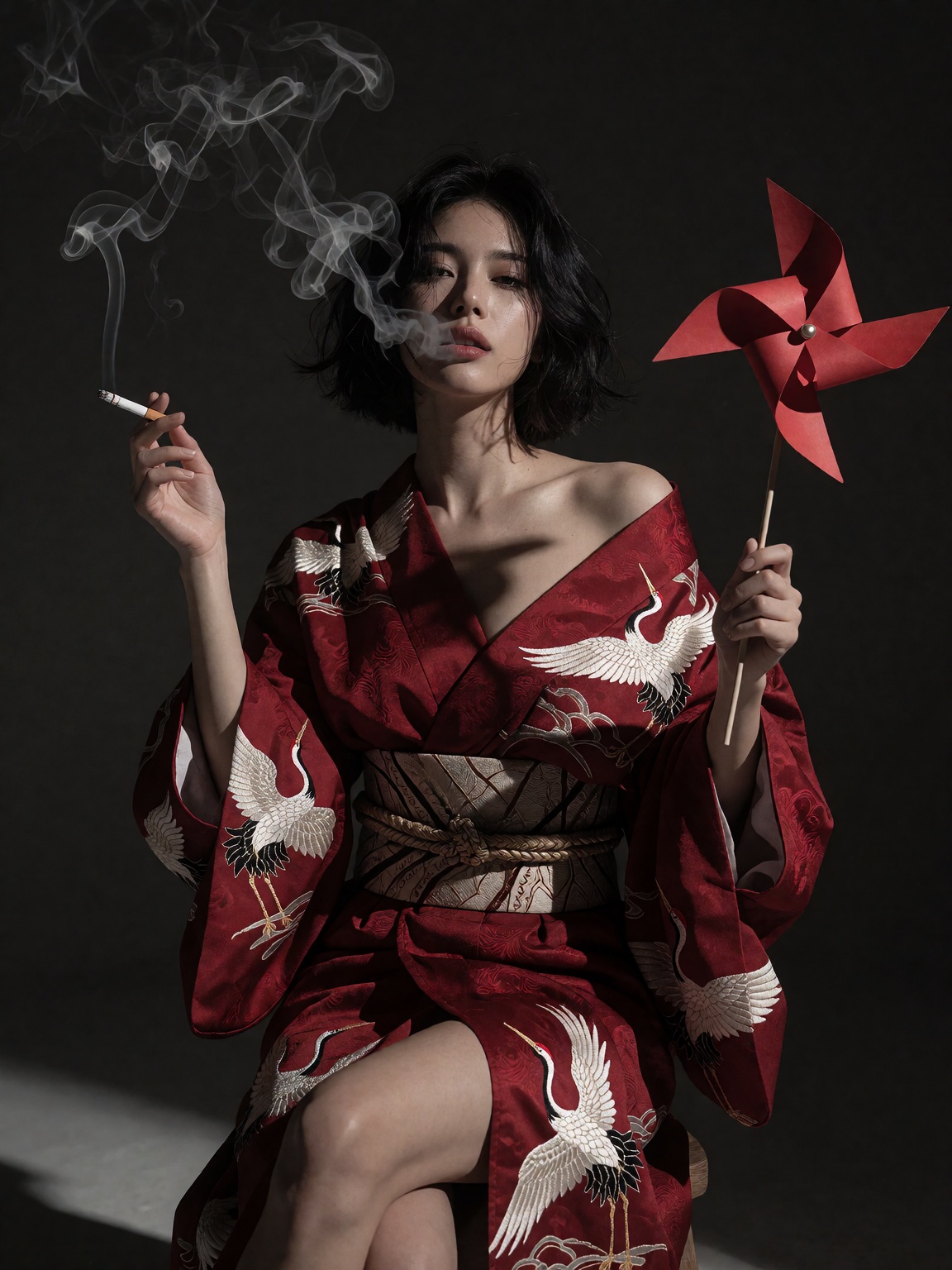 A photorealistic masterpiece capturing a lone,  enigmatic figure in a richly textured crimson red kimono adorned with intr...