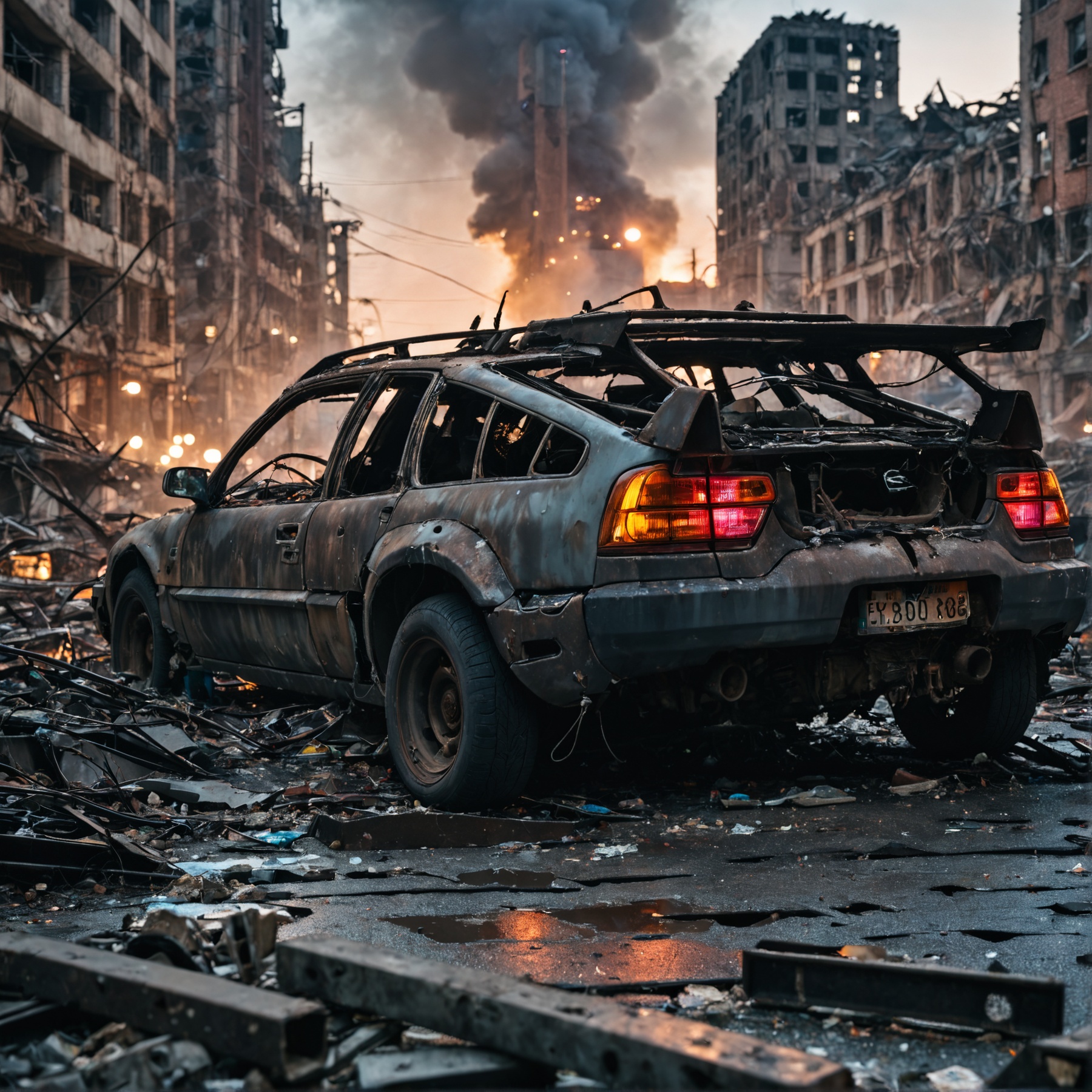 Closeup Photo of a cyberpunk car,  in a destroyed city after a nuclear blast,  post apocalyptic on Tensor.Art
