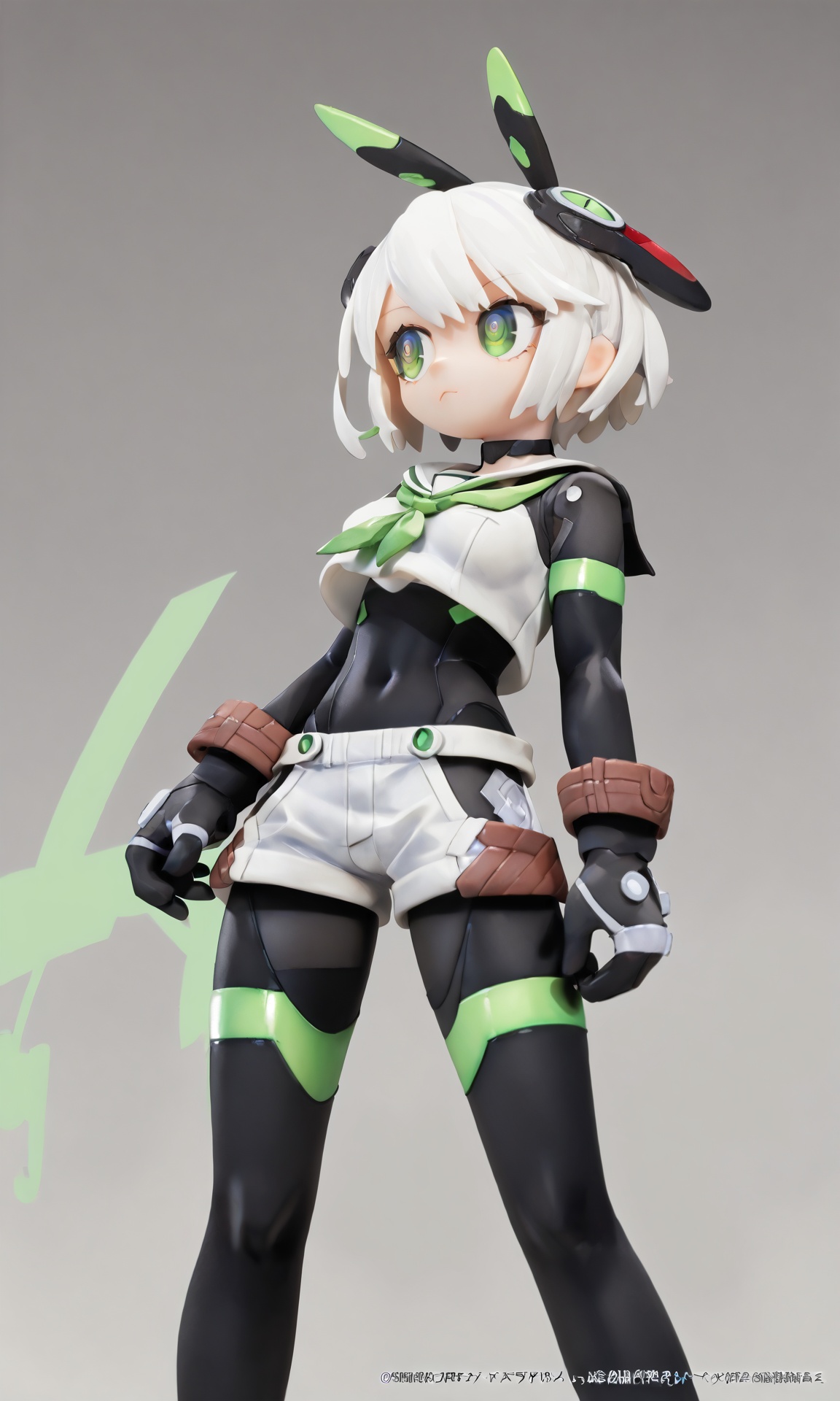 (score_9,score_8_up,score_7_up),source_anime,lvzi, short_hair, 1girl, gloves, green_eyes, white_hair, simple_background, solo, colored_skin, black_gloves, white_background, bodysuit, closed_mouth, standing, shorts, black_bodysuit, short_shorts, shirt, breasts, small_breasts, crop_top, cowboy_shot, white_shirt, bodysuit_under_clothes, cropped_legs, looking_to_the_side, neckerchief, green_neckerchief, white_shorts, sailor_collar, white_sailor_collar ,<lora:lvzi-000002:1>, best quality,amazing quality,very aesthetic,absurdres,, <lora:lvziXL-000005:0.8>