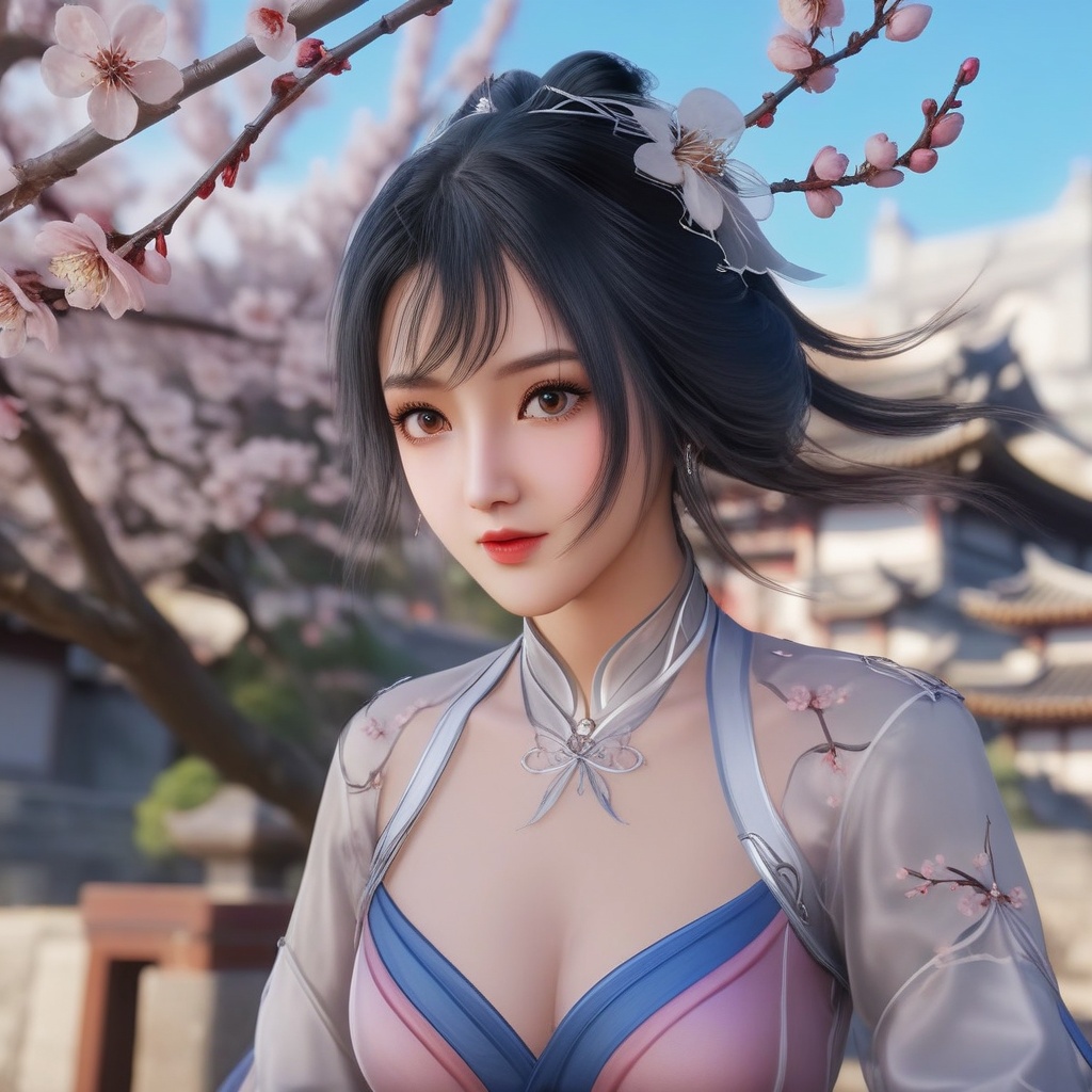 <lora:707-DA-XL-斗罗大陆-唐舞桐:0.8>(,1girl, ,best quality, ),looking at viewer,  ,ultra detailed background,ultra detailed background,ultra realistic 8k cg,, ,masterpiece, (( , )),, ,   plum blossoms,    ,,  (cleavage), (), ,, 