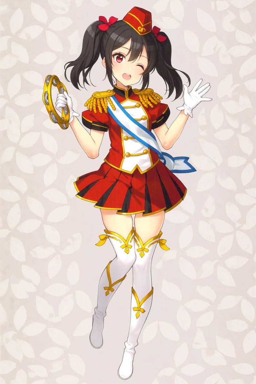 Full-body anime illustration of a cheerful girl with black hair tied into distinct twin tails held by red ribbons. She has...