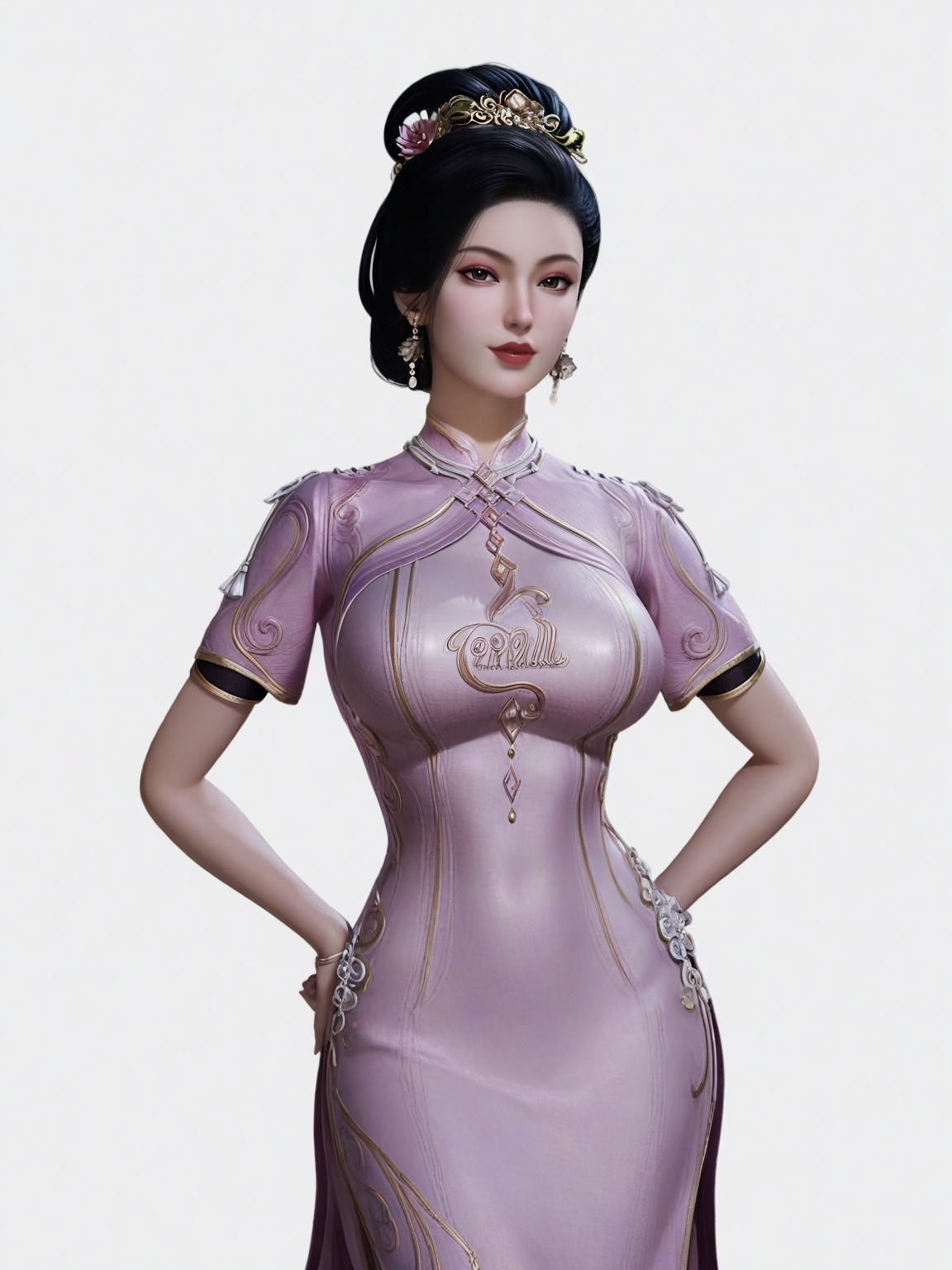 score_9,<lora:SF_NanShuiShui_Pony_Realism2.3-000003:0.7>,hair ornament,black hair,dress,eyeshadow,1girl,breasts,large breasts,dress,short sleeves,lipstick,solo,looking at viewer,white background,simple background,