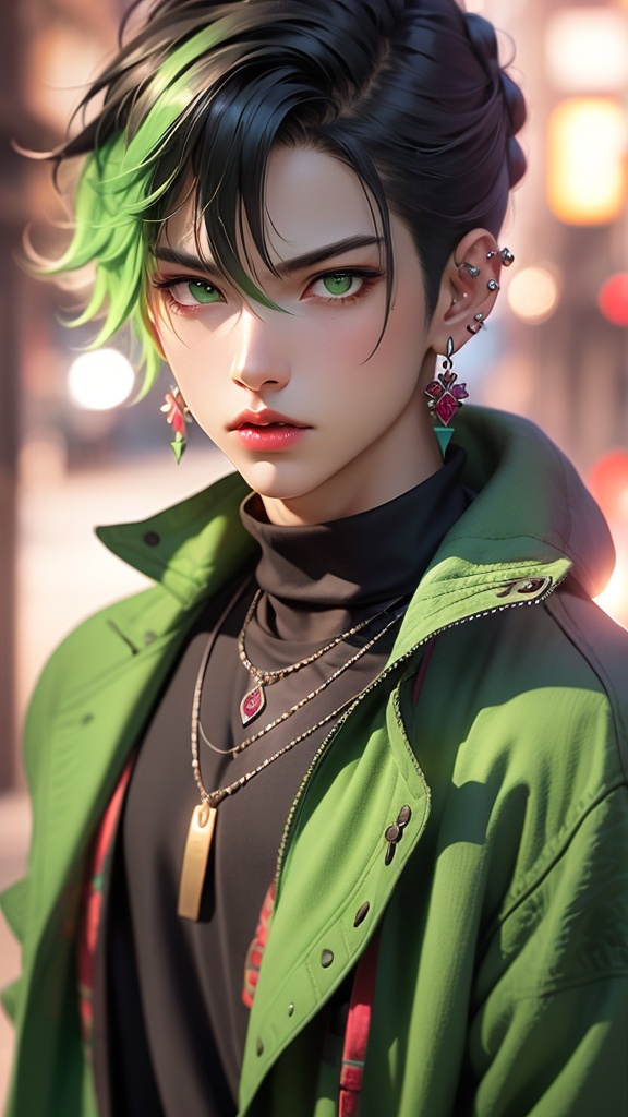 CG,jewelry,1boy,black hair,solo,earrings,piercing,looking at viewer,short hair,necklace,mole,jacket,mole under eye,upper body,blurry,multicolored hair,blurry background,ear piercing,1girl,closed mouth,black shirt,letterboxed,green eyes,shirt,red lips,makeup,turtleneck,braid,lips,green hair,