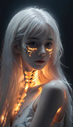 Masterpiece,high quality,(solo:1.2),((1girl)),(((human skeleton | girl))),(white hair:0.3),cinematic light,orange clothes,detailed environment,1girl,solo,reflection,upper body,sunlight,(White hair:1.2),very long hair,wide sleeves,Deep photo,depth of field,shadows,messy hair,seductive silhouette play,dark,nighttime,dark photo,grainy,dimly lit,bangs,Cinematic Lighting,Tyndall effect,abstract background,vibrant colors,modern style,artistic,dynamic composition,unique patterns,bold textures,colorful,lively,youthful,energetic,creative,expressive,stylish,trendy,white_marble_glowing_skin,