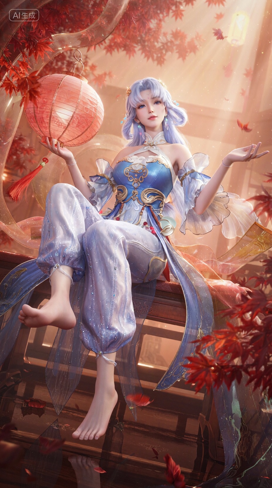 3D角色设计,低角度仰视构图展示一位拥有浅蓝色长发的动漫风格女性角色,她身着带有精致金边刺绣的蓝白配色丝绸服饰,腿部覆盖着带有珠光质感的半透明薄纱灯笼裤,呈现出极其逼真的布料褶皱与物理下垂感,角色赤脚坐在光泽度极高的深色木质平台上,双腿向前伸展,左手托举着一个内部发光的红色球体灯笼,右手优雅地向外伸展,面部妆容精致,眼神柔和注视前方,背景中充满了红色的枫叶和柔和的暖色调体积光,营造出梦幻的古风氛围,皮肤材质具有细腻的次表面散射(3S)效果,整体画面呈现出高精度的渲染质感,高精度3D模型,PBR写实材质,布料解算,次表面散射皮肤,体积光照明,景深效果,Octane渲染器质感,中国风场景,4K高清纹理,电影级布光,, Negative prompt: ng_deepnegative_v1_75t,(badhandv4:1.2),EasyNegative,(worst quality:2),,nsfw, Steps: 40, Sampler: Euler, CFG scale: 1.0, Seed: 371324908, Size: 928x1664, Model hash: 98763a1277, Model: Qwen-Image_1.0.safetensors, Denoising strength: 0, RNG: CPU, Lora 1: 【摸鱼】3D, Lora Hash 1: 2106c5bf96, Lora Weight 1: 0.8, Lora 2: 【摸鱼】3D电商渲染级KV海报_创意视觉表达, Lora Hash 2: ce1227b095, Lora Weight 2: 0.4, Lora 3: Qwen-Image-Lightning-8steps-V1.1-bf16.safetensors, Lora Hash 3: fe04c3ec1d, Lora Weight 3: 0.6, vae_name: automatic