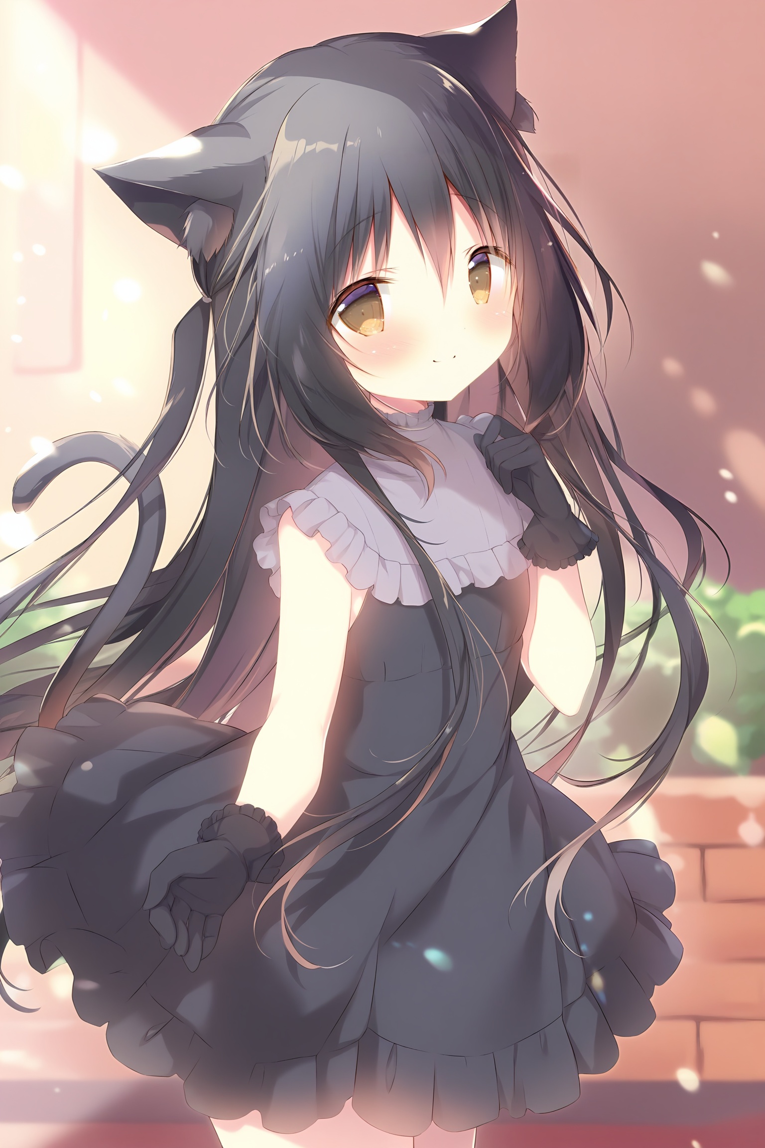 shiratama, 1girl, solo, animal ears, long hair, tail, gloves, cat ears, dress, cat tail, black hair, smile, black gloves, looking at viewer, brown eyes, very long hair, black dress, sleeveless, cat girl, blush, closed mouth, bangs, animal ear fluff, sleeveless dress, fur-trimmed gloves, hand up, frills, fur trim, hair between eyes, tail raised, fur collar