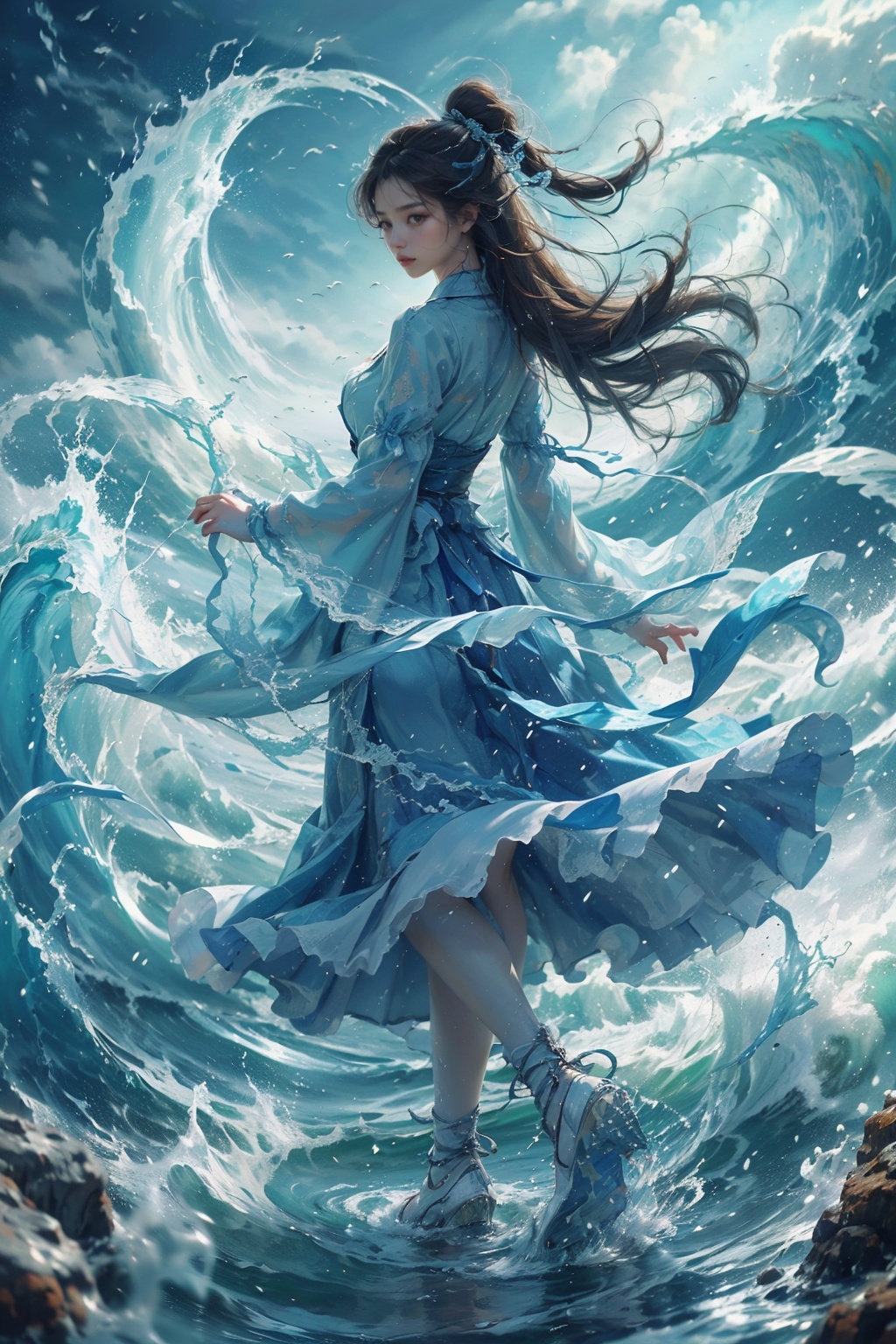 haifeisiv6,  painting of a woman in a blue dress walking through a wave,  xianxia fantasy on Tensor.Art