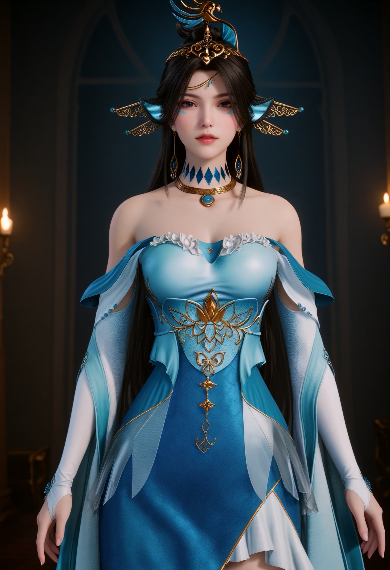 upper_body,(gigantic breasts:0.6),(slender:1.3),(looking_at_viewer:1.1),(masterpiece:1.1),(best quality:1.2),(intricate details),(smog:1.3),(Dark room:1.3),(dim lighting:1.3),<lora:YQ_Illustrious光辉v5_碧波仙子_V1:0.8>,(q1528437228:1.3),1girl,solo,jewelry,black_hair,long_hair,hair_ornament,bare_shoulders,dress,necklace,blue_dress,earrings,animal_ears,anklet,brown_hair,long_sleeves,blue_hair,detached_sleeves,gem,head_fins,crown,elbow_gloves,feathers,frills,masterpiece,(best quality),(intricate details:0.9) BREAK (intricate details:0.9),(realistic skin:1.2),masterpiece,best quality,newest,absurdres,hiahres,