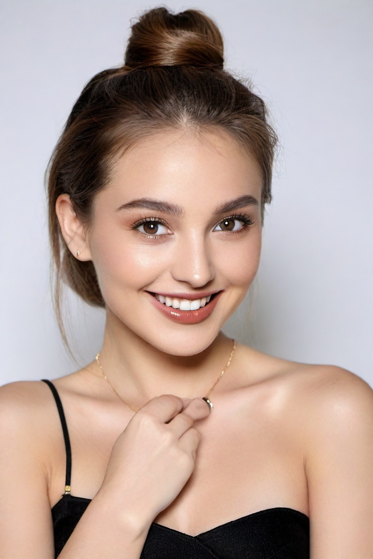 (masterpiece:1.21),(bestquality:1.21),8k,high detailed,ultra-detailed,depth of field,wide angle,1girl,beautiful face,Graceful Hands,Real Skin Texture,solo,looking at viewer,clean background trending,(portrait photo of a gray backdrop),black eyes,beautiful detailed eyes,random_color_lipstick,eyeliner,eyelashes,random_color_nail_polish,earrings,necklace,Golden brown Hair,hair bun,Laughing,High key lighting,shadow,<lora:HandFineTuning_XL:0>,