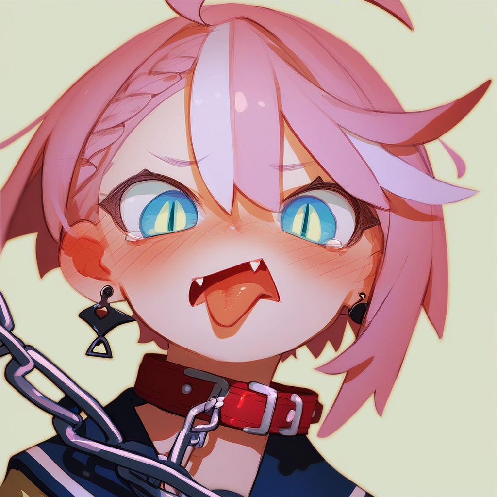 score_9,score_8_up,score_7_up,lvzi,1girl,embarrassed,{tongue_out,forked_tongue},[pink hair,medium hair,streaked hair,french braid,asymmetrical hair],school uniform, chain,collar,ahoge,blue eyes,{slit pupils},spade earrings,fang,fang_out,close-up,eyes focus, simple background, <lora:lvziXL-000005:0.5>