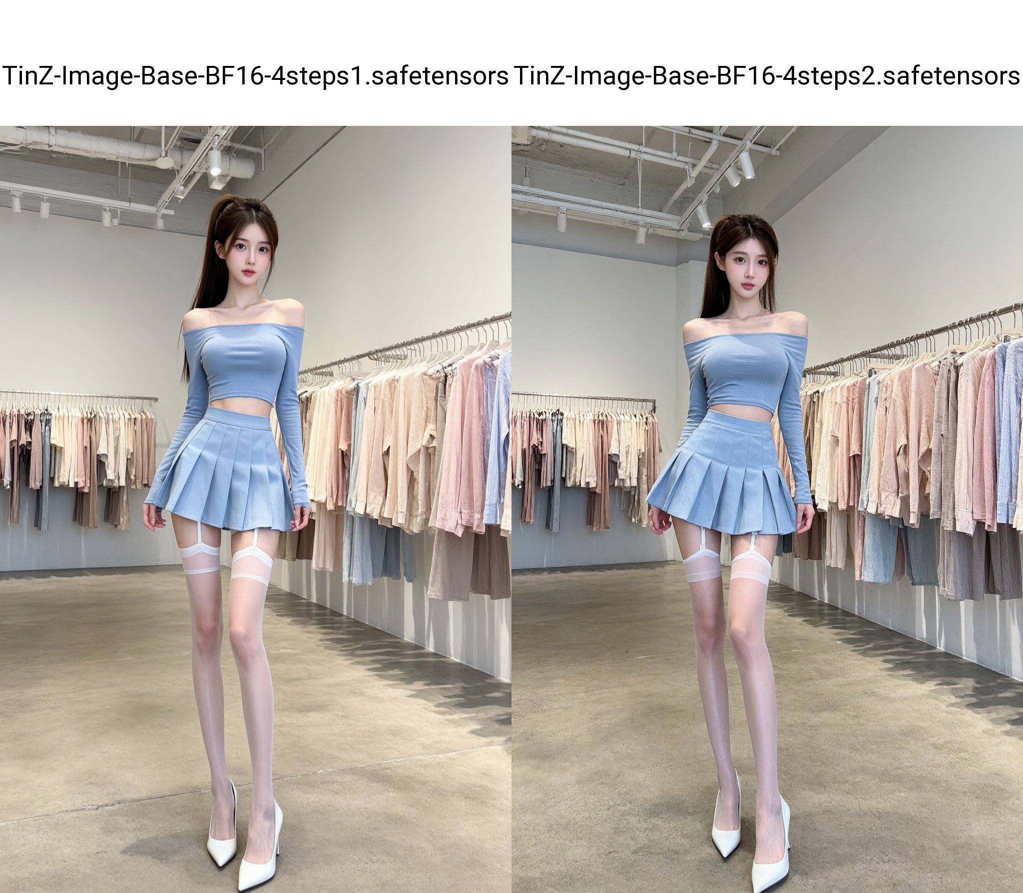 This is a high-resolution photograph of a young Asian woman. The woman has fair skin and long, straight brown hair tied back in a high ponytail. She is wearing a tight, off-the-shoulder, long-sleeve light blue crop top that accentuates. Her outfit includes high-waisted, light blue pleated skirt that fit snugly and reveal her toned legs. She is also wearing sheer, thigh-high white stockings with garter straps attached to the shorts, adding a touch of sensuality to her look. Her footwear consists of shiny, white high heels that add height to her already tall stature. The store's interior is minimalist and modern, featuring a polished concrete floor, white walls, and exposed ductwork on the ceiling. The background showcases neatly arranged clothing racks filled with a variety of garments, predominantly in pastel shades of pink, beige, and light blue, contributing to the overall calm and stylish ambiance of the space. The photograph is professionally styled, with a focus on the woman's fashion-forward attire and the clean, contemporary setting.