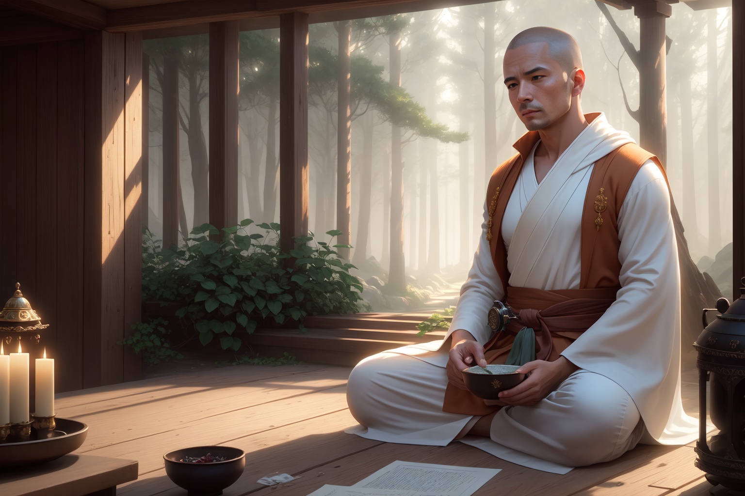 a monk is meditating, wearing a white robe in the temple, the temple is in the forest, raw photo, surreal photo, unreal engine 4, 8k, super sharp, detailed colors, wide color coverage , extreme scene detail, shading, anti-aliasing, error detail smoothing,raw photo, surreal image, unreal engine 4, 8k, super sharp, detailed colors, wide color coverage, extremely high scene detail, shading, anti-aliasing, error detail smoothing, raw photo, surreal photo, unreal engine 4.8k, super sharp, detailed color, wide color coverage, scene detail extremely tall object , (8k, RAW photo, best quality, masterpiece:1.2), (realistic, photo-realistic:1.37),modelshoot style, (extremely detailed CG unity 8k wallpaper),professional majestic oil painting by Ed Blinkey, Atey Ghailan, Studio Ghibli, by Jeremy Mann, Greg Manchess, Antonio Moro, trending on ArtStation, trending on CGSociety, Intricate, High Detail, Sharp focus, dramatic, photorealistic painting art by midjourney and greg rutkowski, scene detail extreme objects, shading, anti-aliasing, error detail smoothing