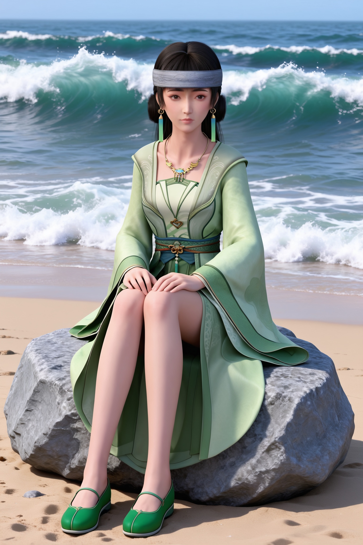 <lora:不死不灭-主角娘Pony:0.7>,1girl,black hair,headband,necklace,earrings,chinese clothes,green dress,sash,long sleeves,wide sleeves,long legs,sitting,rock,Seaside,beach,waves,full body,