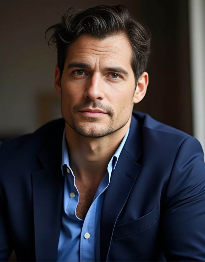 Henry Cavill ,  masterpiece. best quality .extreme detailed. An iphone photo. male. ( wearing navy suit. blue shirt . look...