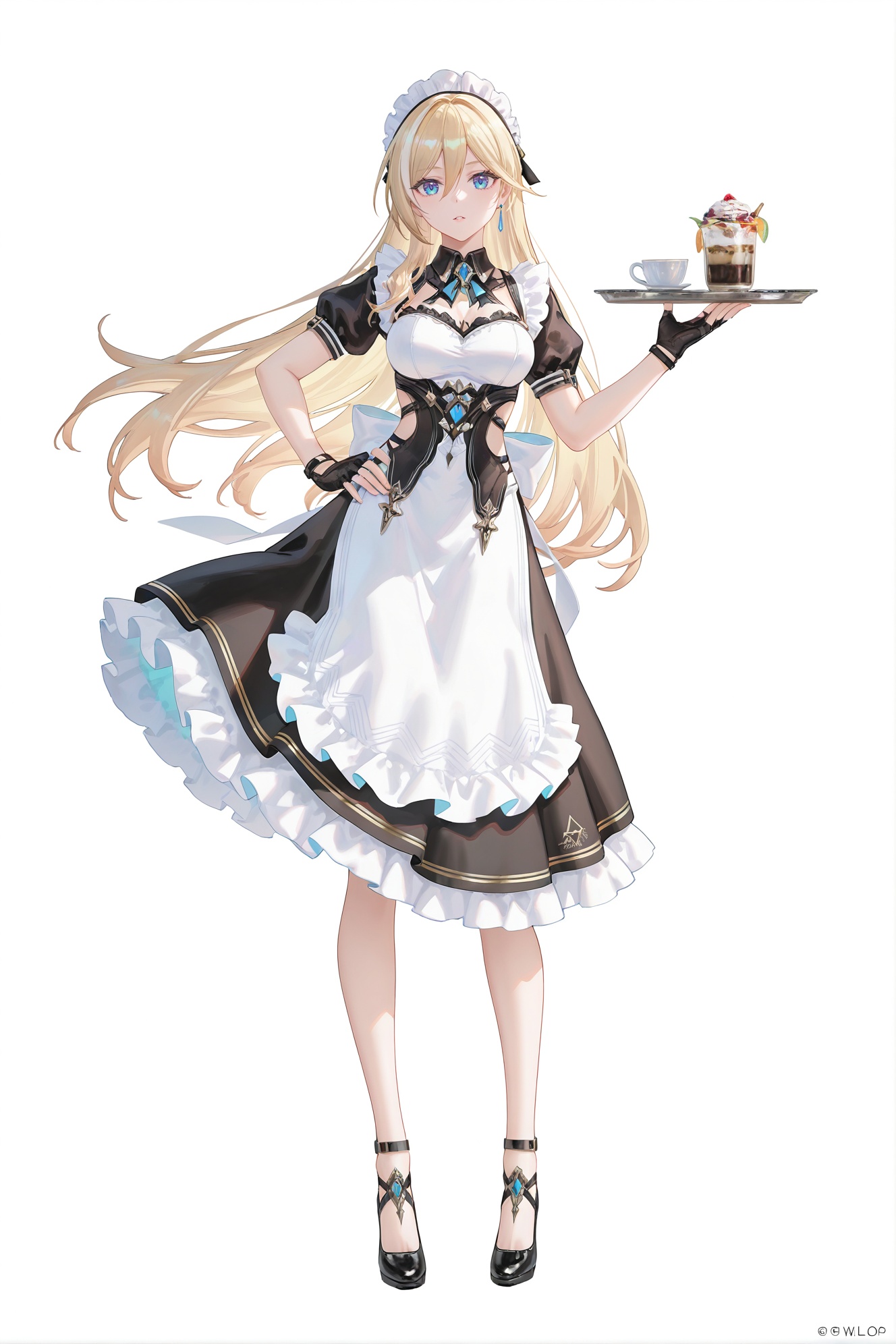 8k,best quality,masterpiece,(ultra-detailed),(high detailed skin),((artist:reoen),(artist:fuzichoco),(artist:atdan),(artist:torino_aqua),year 2024:0.8)1girl,[artist:wlop],[artist:ningen_mame],artist:ciloranko,[[artist:rhasta]],artist:tidsean,colorful,full body,full shot,standing,looking at viewer,(solo:1.2),simple background,(white background:1.2),hand on own hip,(white background:1.1),(maid apron,maid,maid dress,cafe maid :1.3),<lora:Durandal-PalatinusEquinox-ill-Tanger:0.8>,Durandal \(Palatinus Equinox\),1girl,long hair,blonde hair,gloves,solo,blue eyes,fingerless gloves,white background,full body,black gloves,
