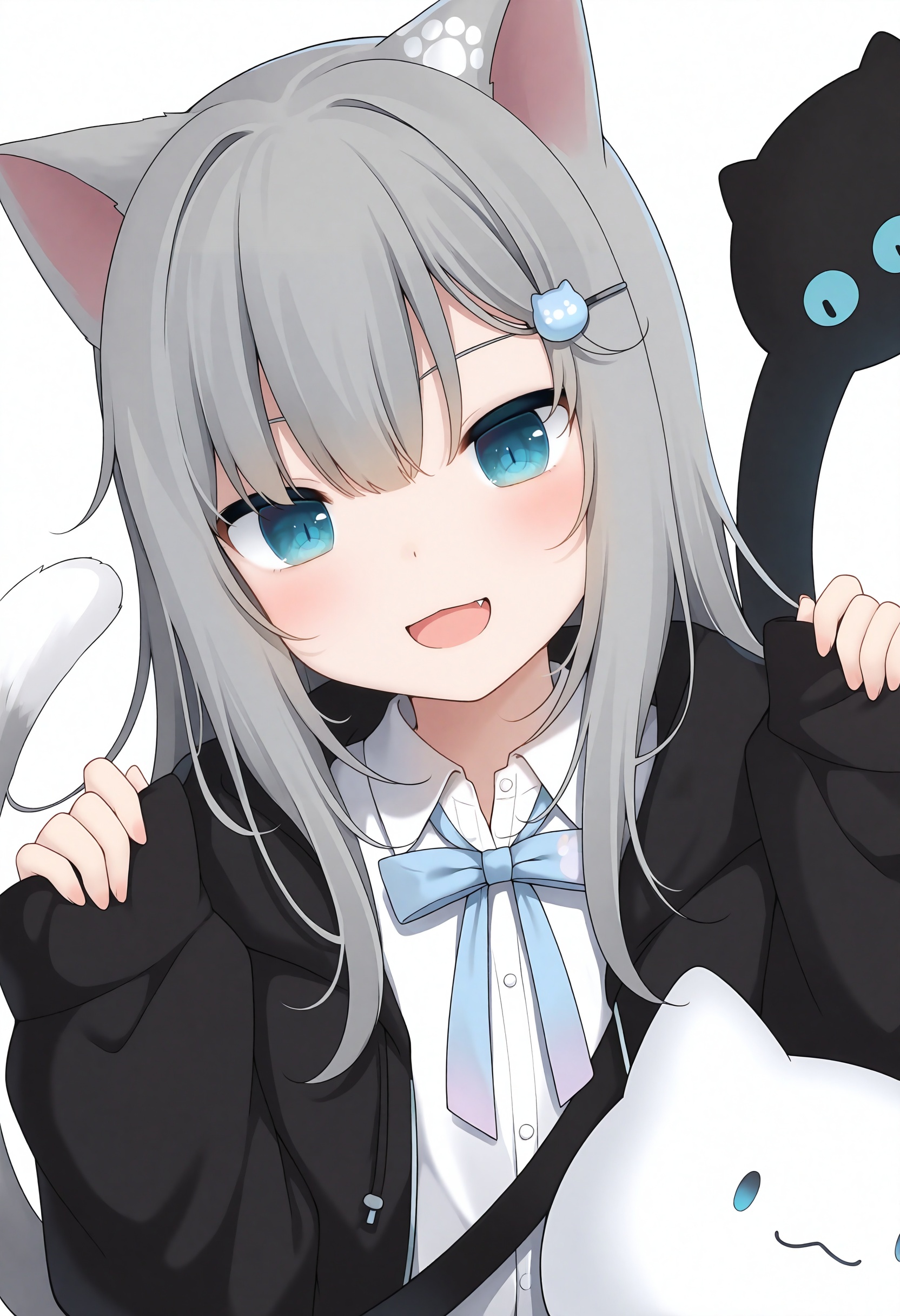 slit_pupils,amashiro_natsuki, CHARACTERS-nachoneko, 1girl, animal_ears, sleeves_past_wrists, cat_tail, tail, shirt, cat_ears, white_shirt, grey_hair, hair_ornament, solo, smile, blue_eyes, fang, jacket, collared_shirt, bow, blue_bow, :d, hands_up, black_jacket, hairclip, cat_girl, hood_down, long_hair, long_sleeves, looking_at_viewer, dress_shirt, hood, white_background, blush, simple_background, upper_body, open_mouth, hair_between_eyes, hooded_jacket, tail_raised, open_jacket, open_clothes, pinching_sleeves, animal_ear_fluff,masterpiece, best quality, newest, highres, absurdres, newest,
