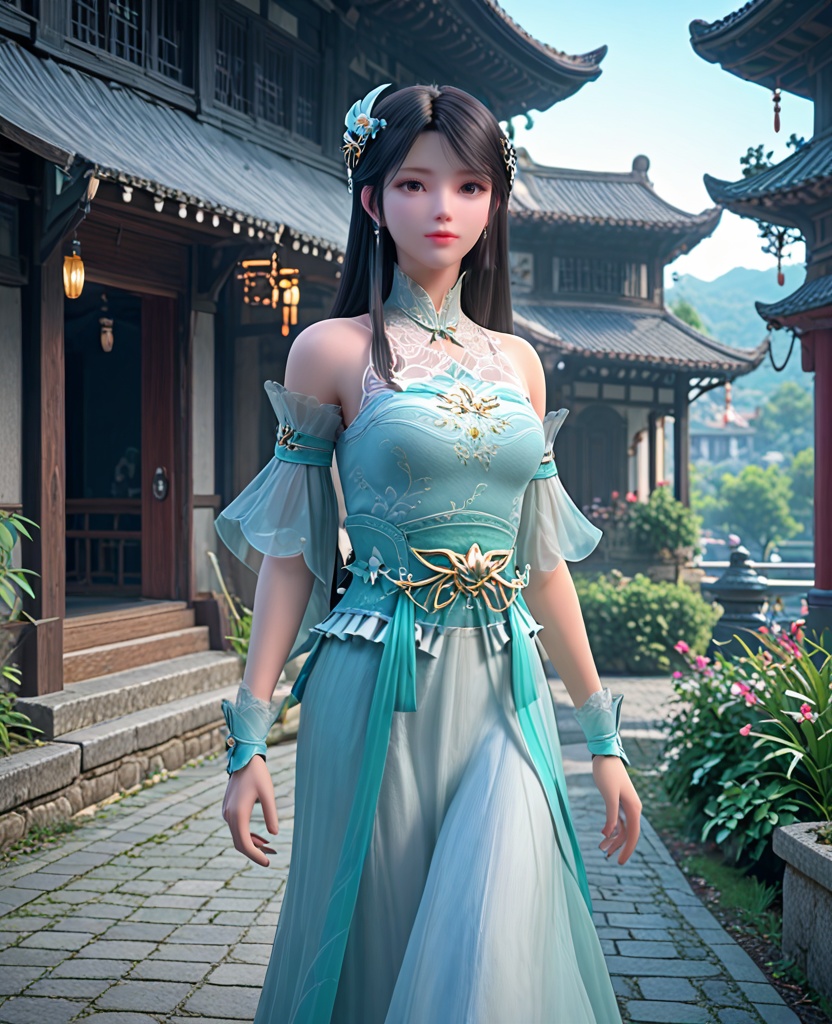 (oriental architecture, elegant decor, sophisticated style:1.1),(walking,a bird standing on her hand:1.1),(breasts:1.2),<lora:XL斗破苍穹箫薰儿绿衣:0.95>,miss xuner,aqua dress,see-through fart curtain with white petticoat underneath,brown eyes,black hair,long hair,sash,hair ornament,detached see-through sleeves,earrings,jewelry,bare shoulders,wrist cuffs,, score_9,score_8_up,score_7_up,score_6_up,score_5_up,score_4_up,3d rendering,tag1,tag2, Cinematic Lighting,backlighting,