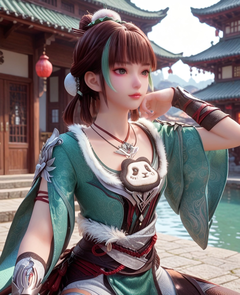 (oriental architecture, elegant decor, sophisticated style:1.1),(resting on a diagonal:1.1),(breasts:1.2),<lora:XL宗门卧底苏灵儿:0.95>,miss sulinger,streaked hair,bun cover,green eyes,green topwear,bangs,pelvic curtain,necklace,brown hair,wrist guards,sash,stretch cropped pants,fart curtain,fur trim,, score_9,score_8_up,score_7_up,score_6_up,score_5_up,score_4_up,3d rendering,tag1,tag2, Cinematic Lighting,backlighting,