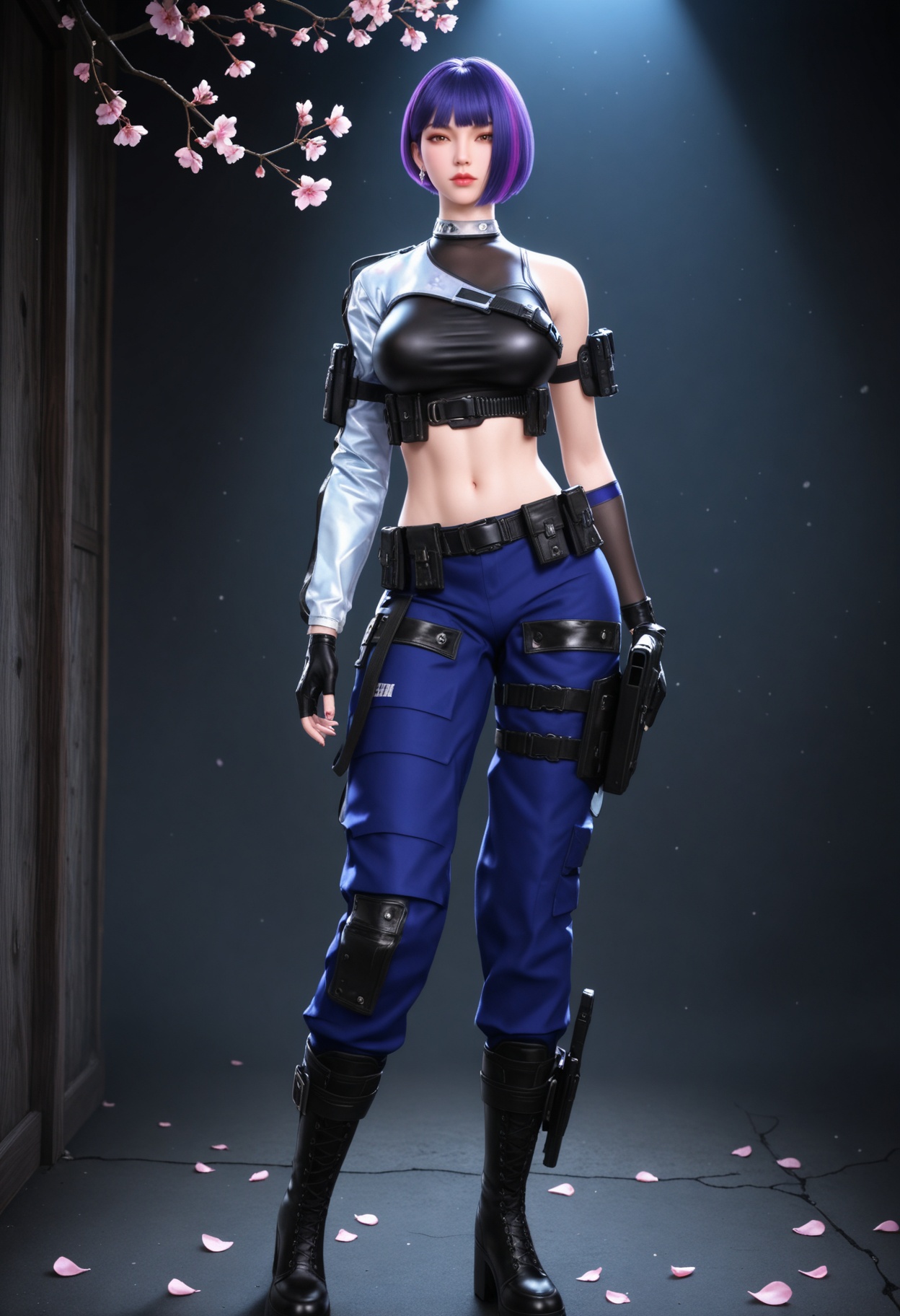 (full_body:1.2),(gigantic breasts:0.6),Perky boobs,(looking at viewer:1.1),facing viewer,direct gaze,(masterpiece:1.1),(best quality:1.2),(intricate details),(smog:1.3),(Dark room:1.3),(dim lighting:1.3),peach blossom,falling petals,<lora:YQ_Illustrious光辉v5_雨墨_V1:0.8>,1girl,q1528437228,solo,short hair,purple hair,crop top,gloves,pants,belt,boots,holster,blunt bangs,police uniform,multicolored hair,jewelry,earrings,belt pouch,brown eyes,knee pads,thigh holster,masterpiece,(best quality),(intricate details:0.9) BREAK (intricate details:0.9),(realistic skin:1.2),masterpiece,best quality,newest,absurdres,hiahres,