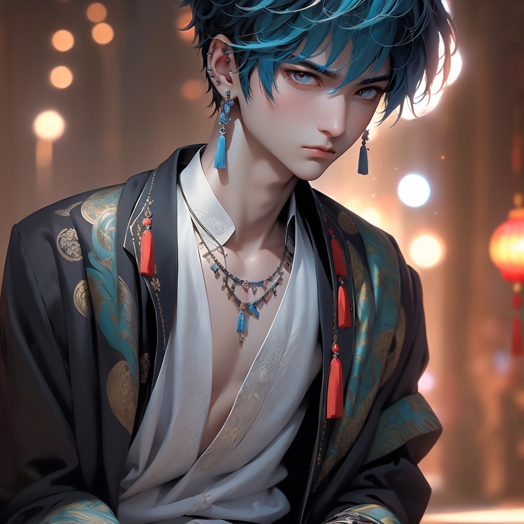 Best quality, masterpiece, 8k, CG, 1boy, solo, jewelry, earrings, watch the audience, male focus, bangs, tassel earrings, Chinese clothing, simple background, tassels, blue hair, printed shirt, jacket,