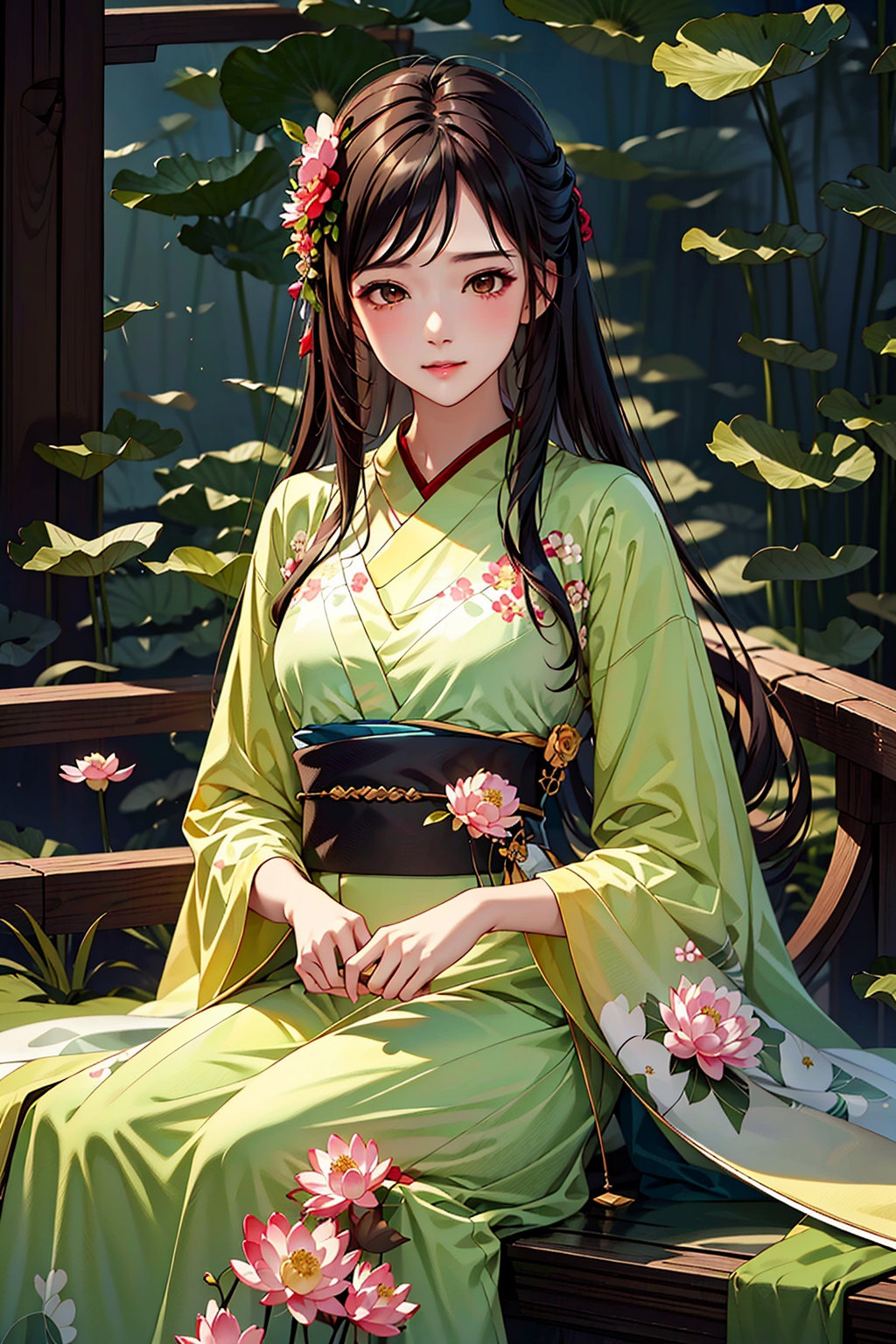 (extremely detailed CG unity 8k wallpaper),(((masterpiece))),(((best quality))),((ultra-detailed)),(best illustration),(best shadow),hanfu,1girl,flower,long hair,hair ornament,dress,solo,bare legs,jewelry,brown hair,lotus,hair flower,