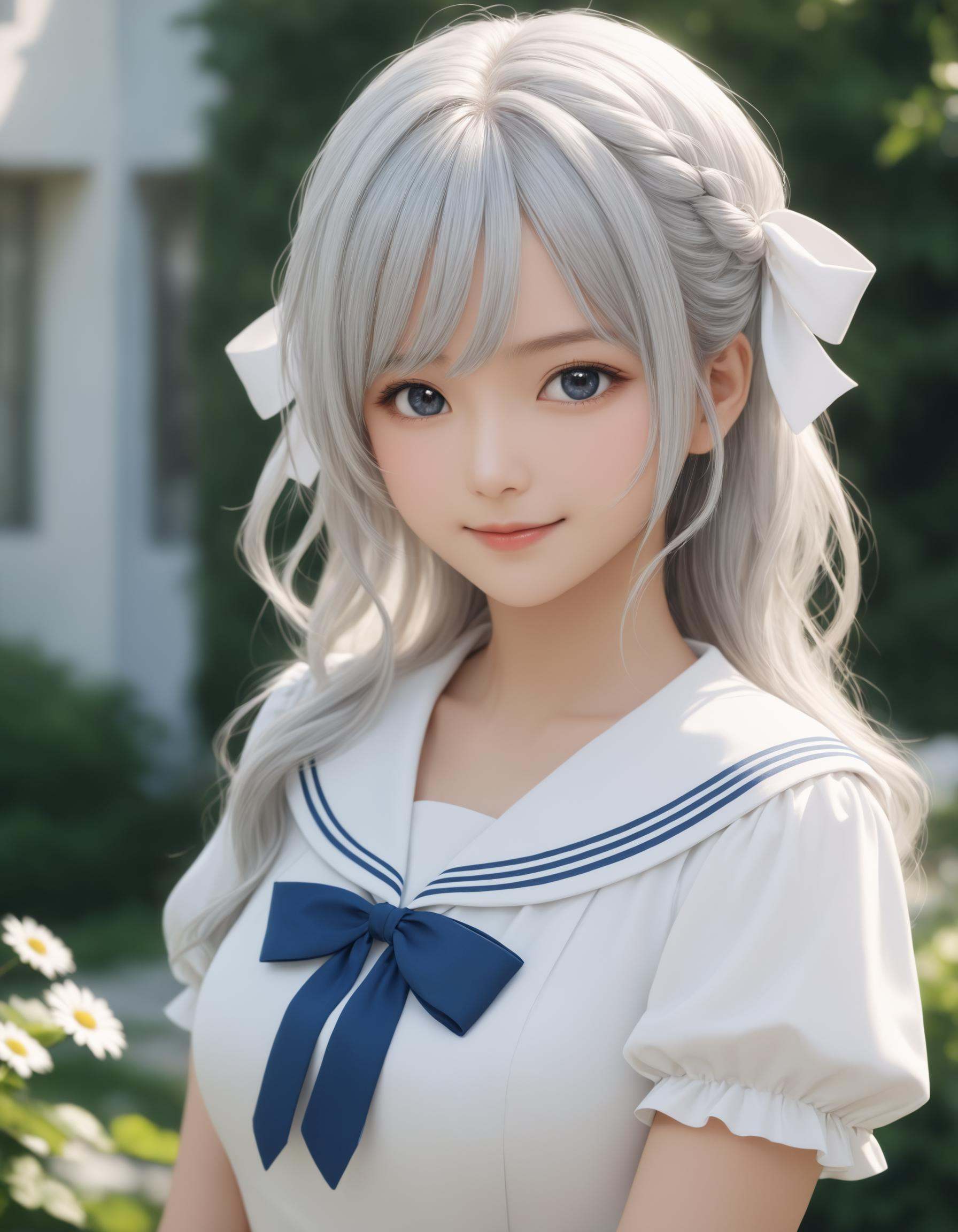 Depth of field. Upper body shot. Cinematic angle. 1girl. Solo. Light smile. . Looking at viewer. Round face. Detailed dark...