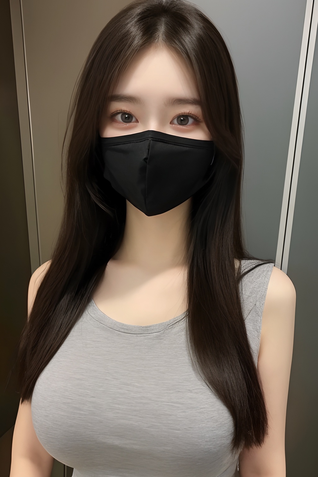 1girl,large breasts,collarbone,covered_mouth,gag,gagged,improvised_gag,long_hair,mask,large breasts,mouth_mask,realistic,shirt,solo,surgical_mask,tape,tape_gag,Sling，<lora:meinv45:0.7>,