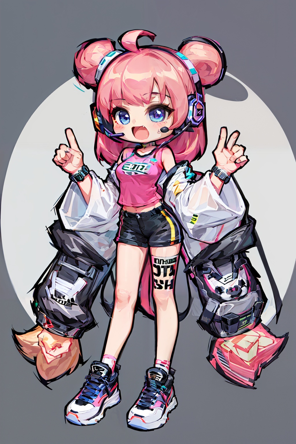 PD_meichao(style),1 lively and cute girl,e-sports clothing,headset,whole body,standing,whole body,raised hands,watch,pink sneakers,summer limited edition,thick graffiti style lines,(white background:1.3),<lora:PD_meichao_v1-000022:0.7>,