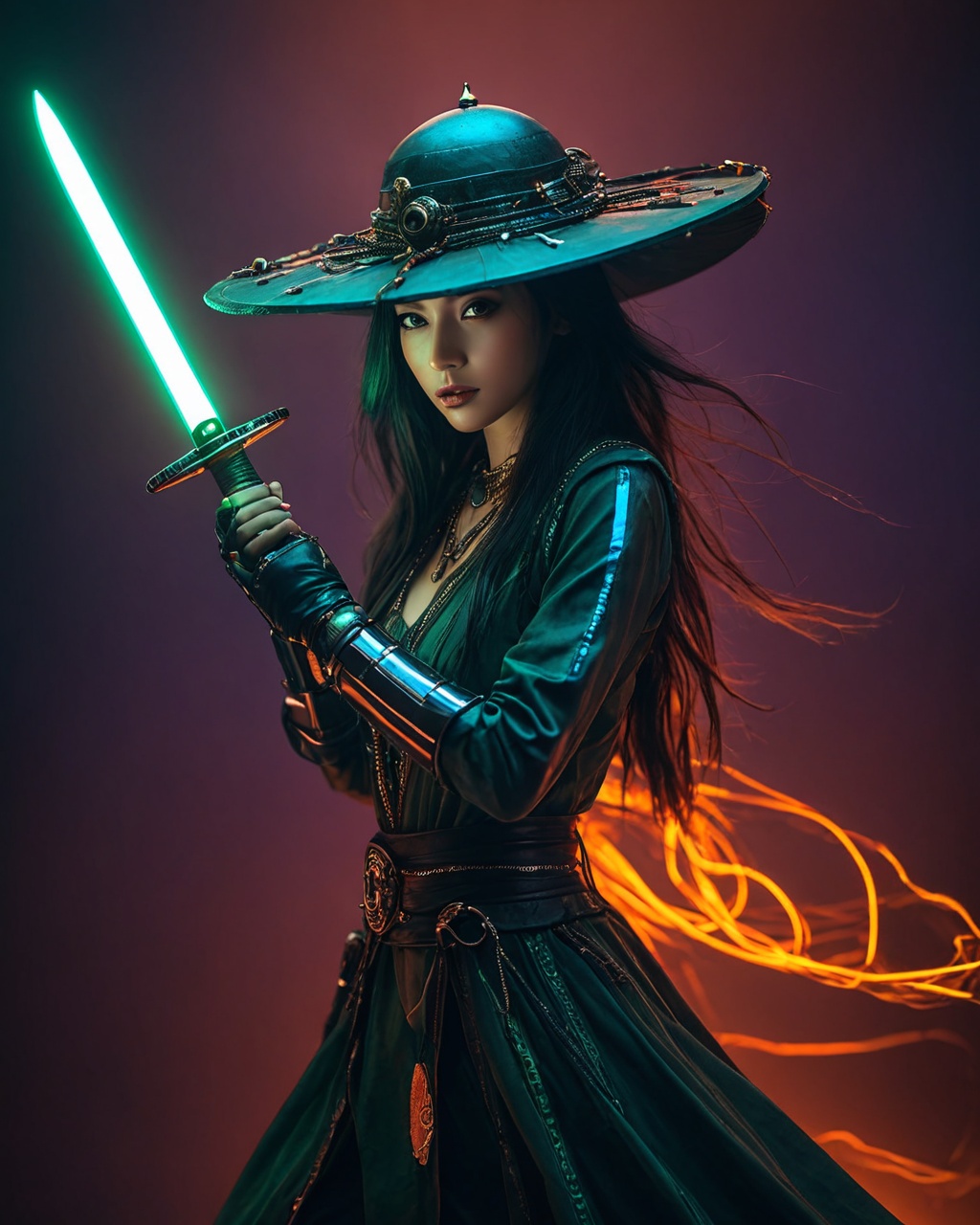 glamour portrait photo, macro, a captivating vibrant dark green-neon capturing the essence of a cyborg Bedouin sorcerer in fight stance, defying expectations by conjuring a whimsical robot 'freak' from an oversized sedge hat. ethereal, smoky backdrop. throwing a translucent orange/tanslucent purple/black iaidow, weapon, katana, holding sword, 100mm f/2.8 macro lens, atmospheric haze, Film grain, cinematic film still, shallow depth of field, highly detailed, high budget, cinemascope, moody, epic, OverallDetail, gorgeous, 2000s vintage RAW photo, photorealistic, candid camera, color graded cinematic, eye catchlights, atmospheric lighting, skin pores, imperfections, natural, shallow dof