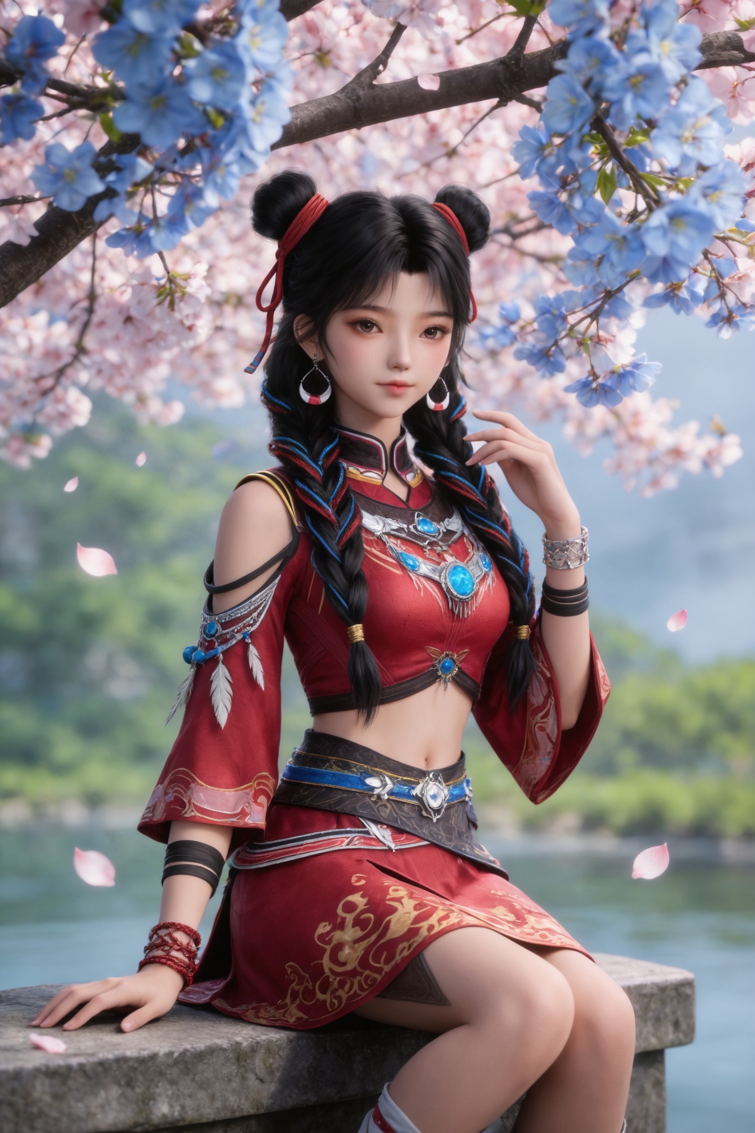 <lora:择天记-白落衡Pony:0.7> 1girl, long hair, black hair, ribbon, jewelry, earrings,hair ribbon, crop top, shirt,  midriff, necklace, bracelet, twin braids, double bun, red skirt, red dress,  shoulder cutout, white socks,shoes,, masterpiece,best quality,amazing quality,very aesthetic,high resolution,ultra-detailed,absurdres,scenery,photorealistic,looking at viewer,moody lighting,peach blossom,falling petals,realistic,photorealistic details,, solo,  upper body, blue flower, looking at viewer, snowflakes, closed mouth, branch,