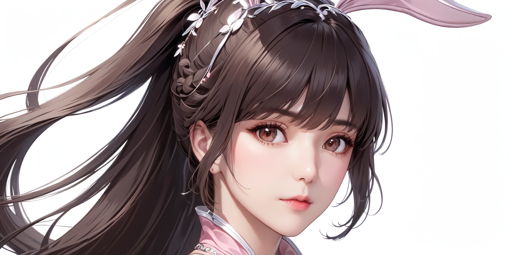masterpiece,best quality,huge filesize,fantasy,illustration,simple white background,portrait,upper_body,1 woman,(mature_female:1.4),solo,rabbit ears,brown eyes,dress,long hair,pink dress,very long hair,brown hair,ponytail,hair ornament,black hair,collar,<lora:XL小舞成年2.0:0.7>,