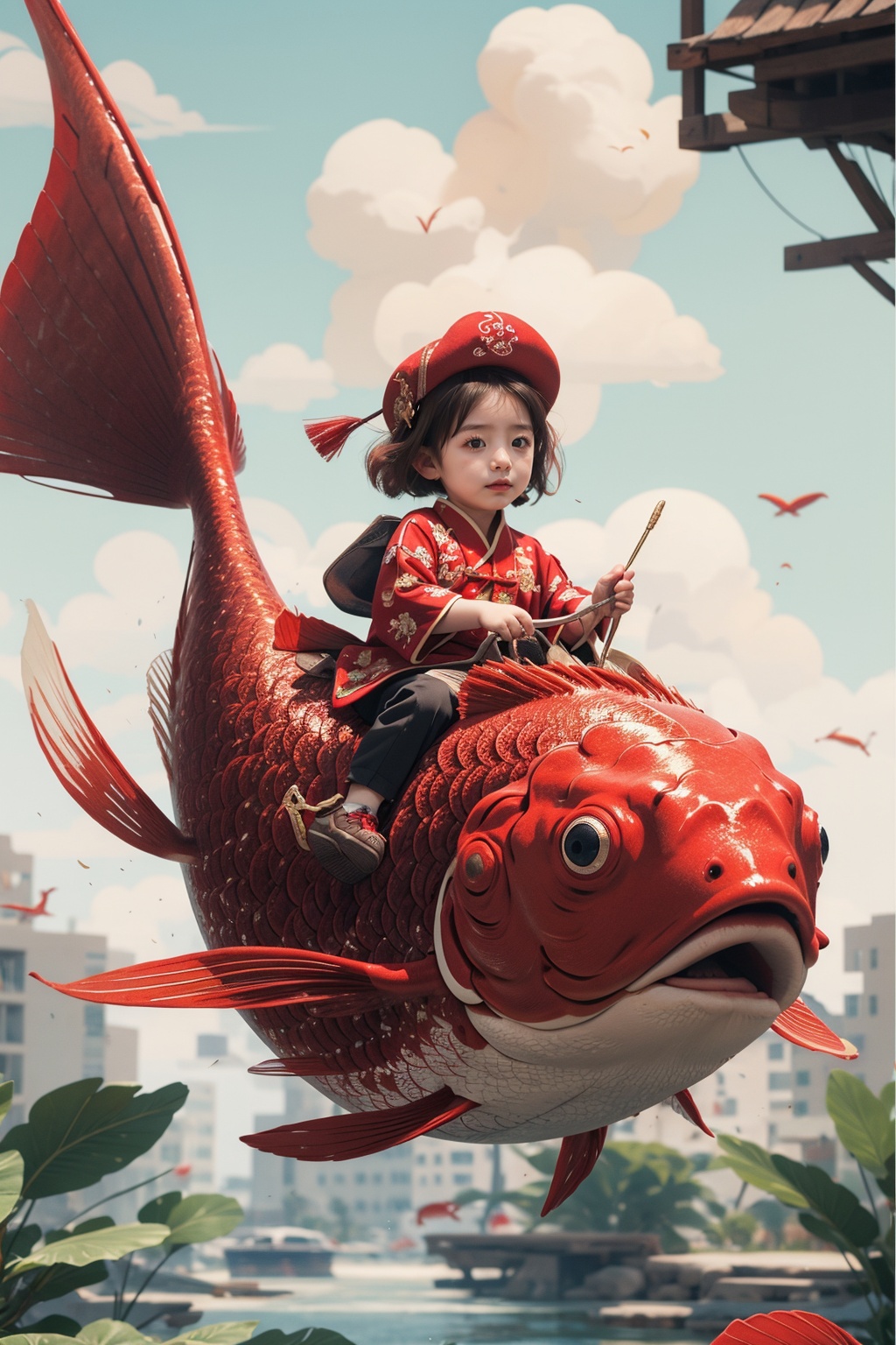 1girl,red fish,kid,chinese clothing,masterpiece,best quality,ultra-detailed,riding,<lora:麻袋2024-003:0.8>,