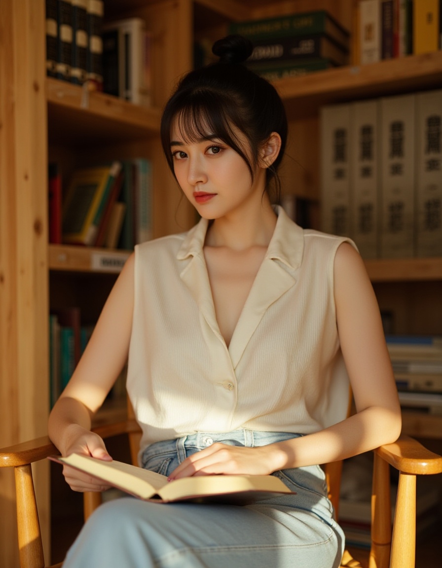 Create a picture of literary and artistic life style, focusing on the characteristics of the characters: bun, white vest, light-colored jeans, sitting posture (hands holding hair, legs crossed), holding a book, and using indoor wooden bookshelves, leisure chairs and warm yellow light and shadow to highlight the delicate texture and leisurely atmosphere of literary and artistic life.