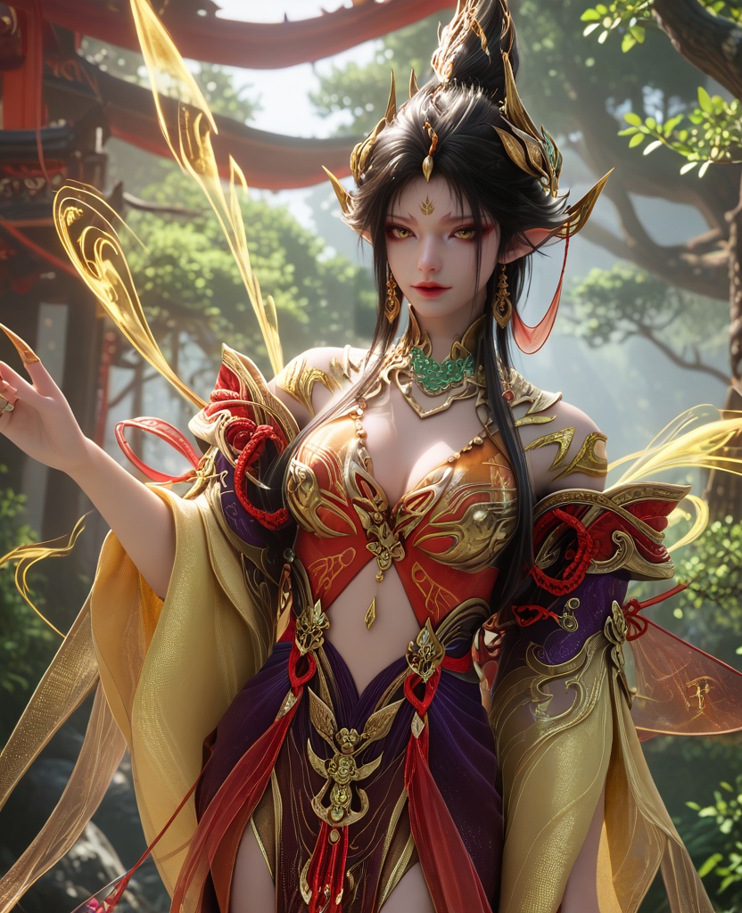 (oriental architecture, elegant decor, sophisticated style:1.1),(elf,flying in a forest,glowing wings:1.1),(breasts:1.2),<lora:永劫无间南宫锦五丰太岁:0.95>,miss nangongjin,orange red corset dress with plum,yellow eyes,eyeshadow,forehead mark,black hair,traditional chinese updo with long front strands,hair ornament,earrings,jewelry,claw ring,wide flowing sleeves,cleavage,, score_9,score_8_up,score_7_up,score_6_up,score_5_up,score_4_up,3d rendering,tag1,tag2, Cinematic Lighting,backlighting,