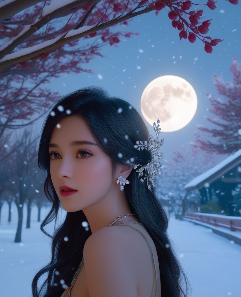 <lora:585-DA-XL-眷思量-璎陌:0.8>(,1girl, ,best quality, ),looking at viewer,  ultra realistic 8k cg, picture-perfect face,   clean, masterpiece,     cinematic lighting, cinematic bloom, fantasy,  , unreal, science fiction, ((,1girl, pov,))(((,tree, 1girl, full moon,snowing,snow ,solo,     solo focus,  long_hair, looking_at_viewer,  )))  (rich:1.4,)     prestige, luxury, jewelry, diamond, gold, pearl, gem, sapphire, ruby, emerald, intricate detail, delicate pattern, charming, alluring, seductive, erotic, enchanting, hair ornament, necklace, earrings, bracelet, ,