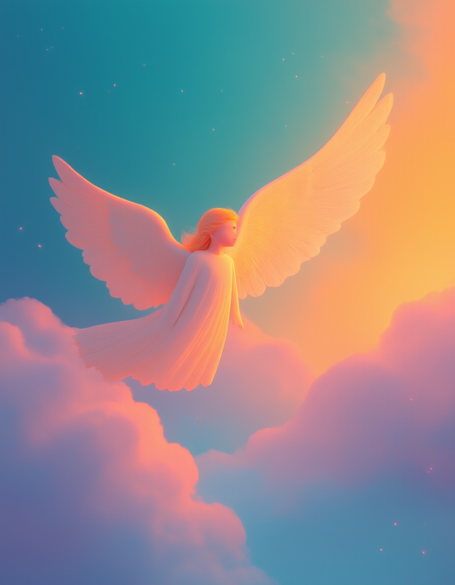 cartoon,<lora:c10:1>,some angels with wings fly above the clouds,