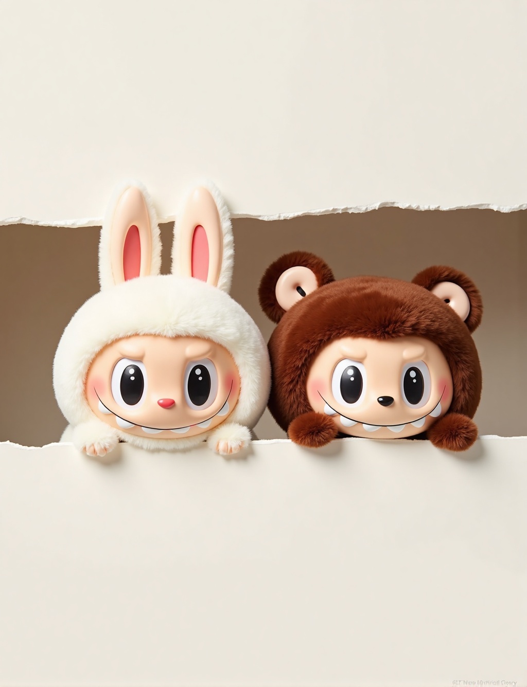 labubu style, pair of cute designer vinyl toys, both with big glossy expressive eyes and wide mischievous toothy smiles, left character dressed in fluffy white bunny costume with tall ears and red nose, right character in soft brown bear costume with rounded ears and playful expression, both peeking through torn white paper opening, cozy and mischievous mood, minimalist pastel backdrop, whimsical peekaboo concept, soft studio lighting, high detail, toy photography aesthetic