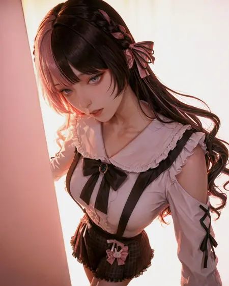lazypos, *****, aroused, aegyosal, (maroon eyeshadow under eye, maroon blush makeup, gyaru makeup, eyeliner:1), (doe eyes makeup:0.5), ambient occulusion,  ((1girl)), looking at viewer, seductive, parted lips, cinematic depth of field, gravure pose, strong wind, , , close-up, from above, akanbe, (standing), foreshortening, parted lips, teeth, head down((pink background)), (((simple background))), (dynamic lighting:1.1), (backlighting:1.4), high contrast, vignetting, light fall off,  pink theme, warm light, (indirect lighting:1.8),  cinematic lighting, rim light, rim lighting, side lighting, abstract background,  (warm tones:1.1), film aesthetic, sunset, golden hour, pink hues, pink tones, (low contrast, weak lighting:1.2), retro aesthetic, 90s aesthetic, HinanoDefault, long hair, two-tone hair, hair bow, white shirt, black bow, suspender plaid skirt, bunny bow, cute girl,  masterpiece, best quality, amazing quality, very aesthetic, absurdres, newest, intricate details, ultra-detailed, hyper-detailed, realistic, lineless, dynamic composition, dynamic pose, subsurface scattering, hyperrealistic, finely detailed eyes, sharp nose, tall nose, small nose, long neck, sharp chin, pale skin, broad shoulders, thin lips, slim lips, (long arms, long legs, very long torso, thin body:1), (white skin:0.9), smooth skin, matte skin, detailed skin, smooth skin, realistic skin,