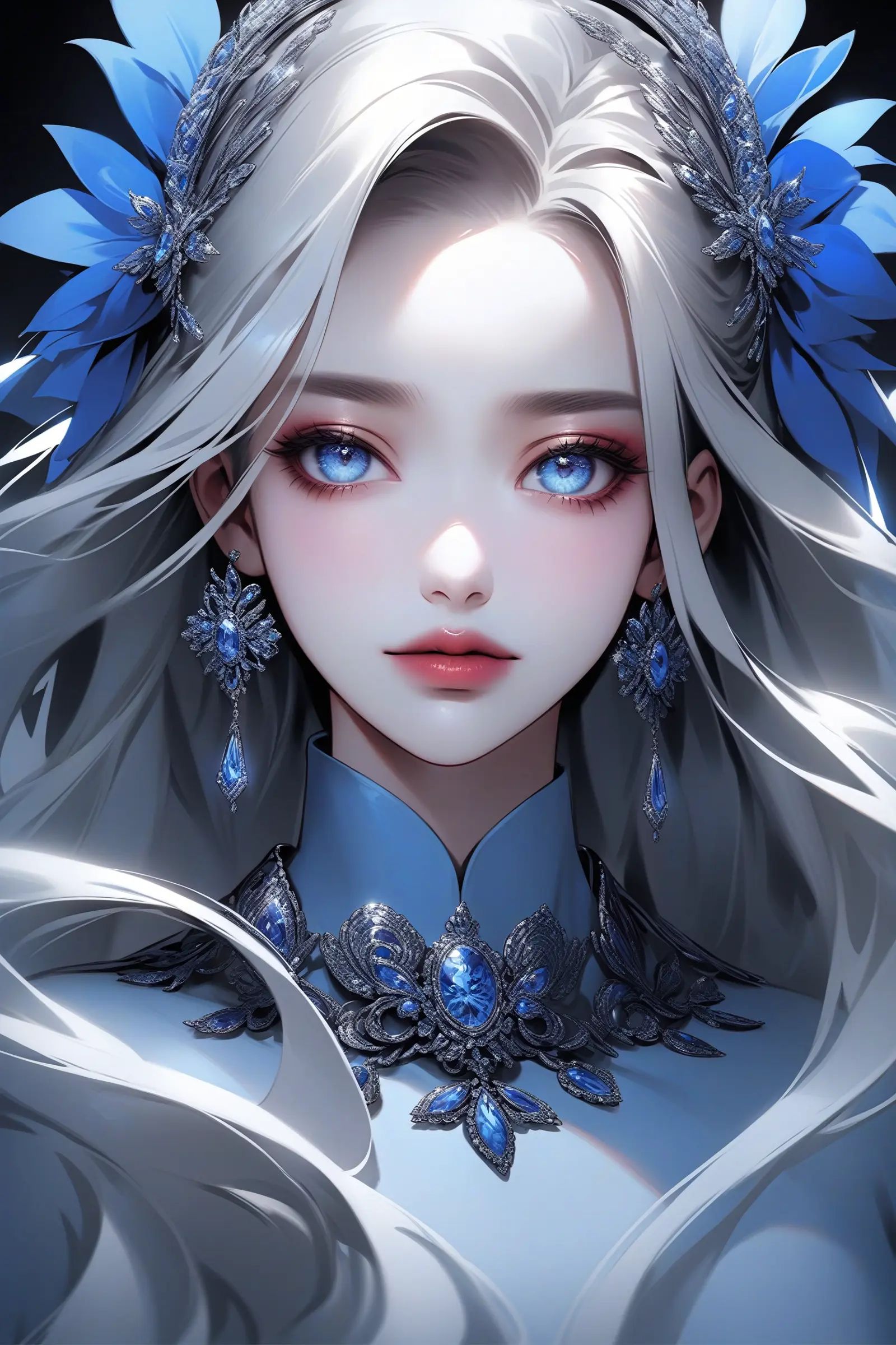 hyper-realistic portrait of a mysterious woman with flowing silver hair,  piercing blue eyes,  and a delicate floral crown...
