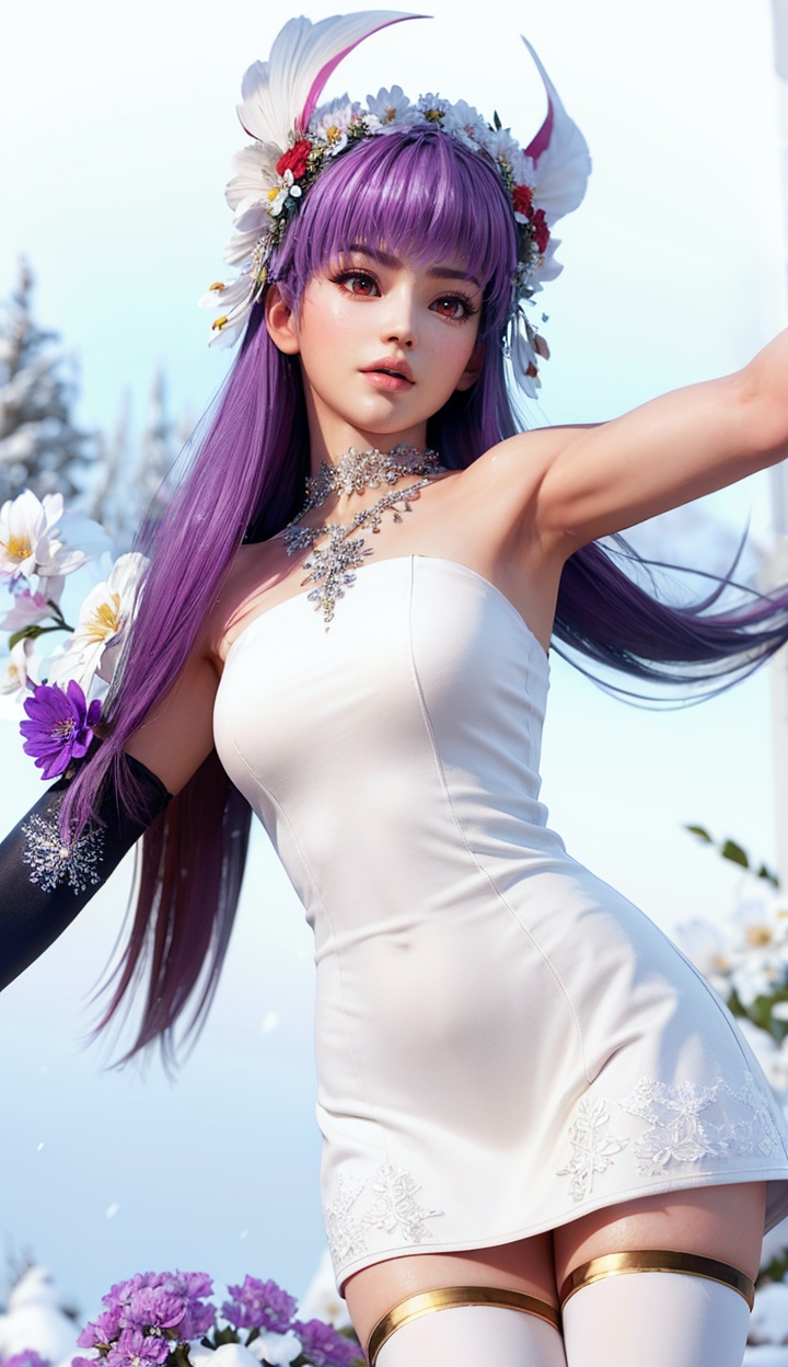 masterpiece,highres,1girl,solo,red eyes,sfw,<lora:add_detail:0.3>,thighhighs,((beautiful Dress+stocking):1.25),((flower headdress:1.45)),((white theme:1.5)),snow,outdoors,snowflakes,sleeveless,3D graphics,looking_at_viewer,ayane,front view,<lora:ayane-000004:0.7>,