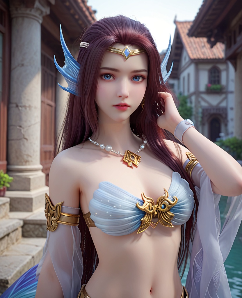 (oriental architecture, elegant decor, sophisticated style:1.1),adjusting hair,(breasts:1.2),<lora:XL完美世界人鱼少女:0.8>,mermaid,solo,shell bikini,tail of mermaid,blue eyes,circlet,brown hair,long hair,head fins,necklace,armlet,detached sleeves of see-through,wristband,scales,, zPDXL2, score_9, score_8_up, score_7_up BREAK realistic, masterpiece,best quality, highly detailed,, zPDXL3, zPDXL2,zPDXL, zPDXLxxx, zPDXLrl,