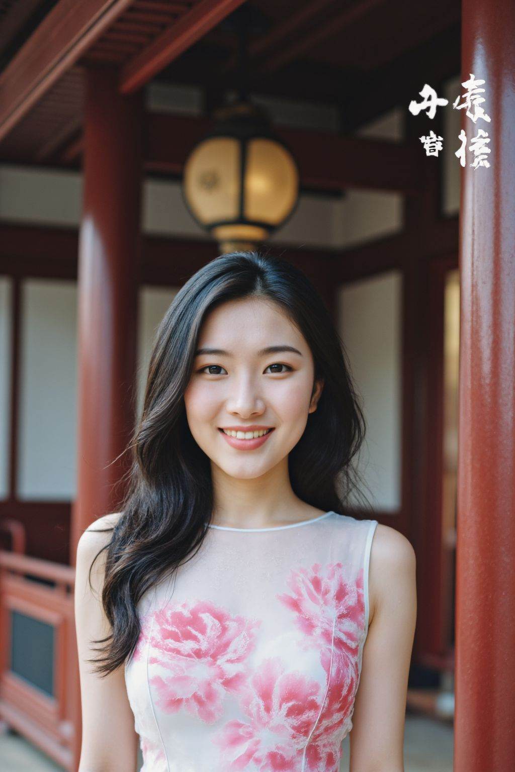 HDR photo of cinematic film still,This is a beautiful photograph of a woman,black hair cascading over her shoulders,She is wearing a boatneck white and pink chinese dress,Standing,Looking at the viewer. Smile,