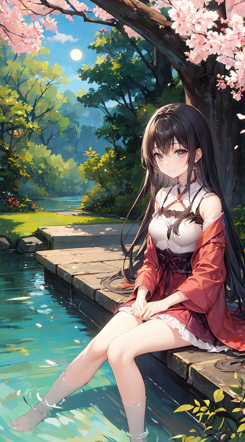 panorama,sitting by the pond,stream,clear lake water,moonlight,a charming smile,outdoors,exploring cherry blossom branches,amber eyes,